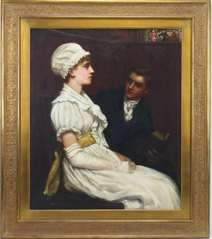 Oil on Canvas: Oil on canvas, relined. Academic figural interior scene of a young woman in white seated beside a gentleman holding a book. 24"h x 20"w and 31"h x 27"w framed