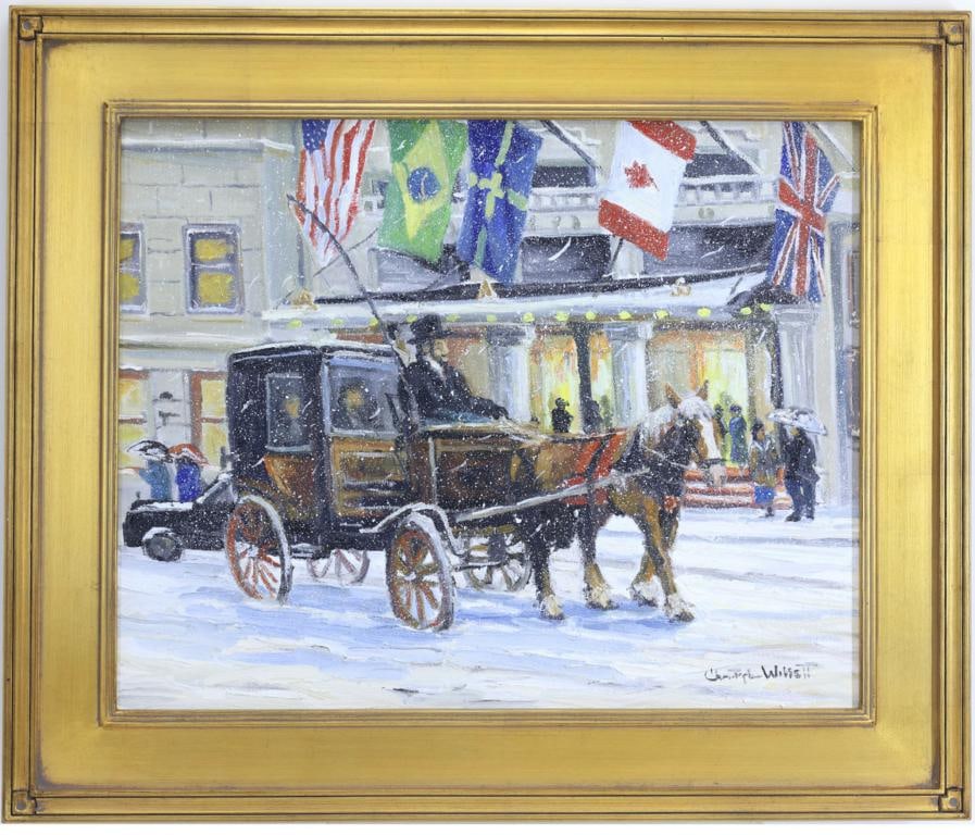 Christopher G. Willett (Born 1959): Oil on canvas, "Plaza Hotel, Carriage with Cabbie, New York City", SLR. 16"h x 20"w and 21.5"h x 25.5"w framed
