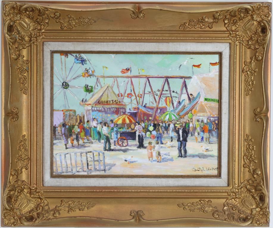 Christopher G. Willett (Born 1959): Oil on board, "Coney Island, New York", SLR. 12"h x 16"w and 21"h x 24.75"w framed