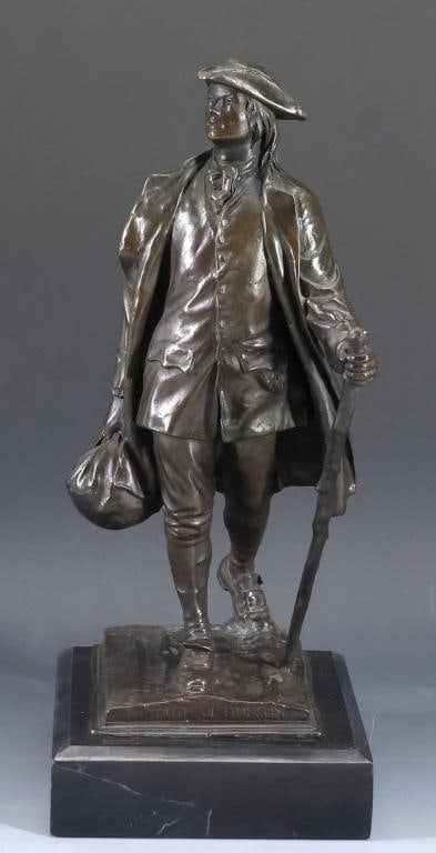 After Robert Tait McKenzie (1867 - 1938): Bronze sculpture, "The Youthful Franklin", after Robert Tait McKenzie, made for The University of Pennsylvania's "Making History: The Campaign for Penn", mounted to a slate base. 12"h x 5.5"w x 7"d, o