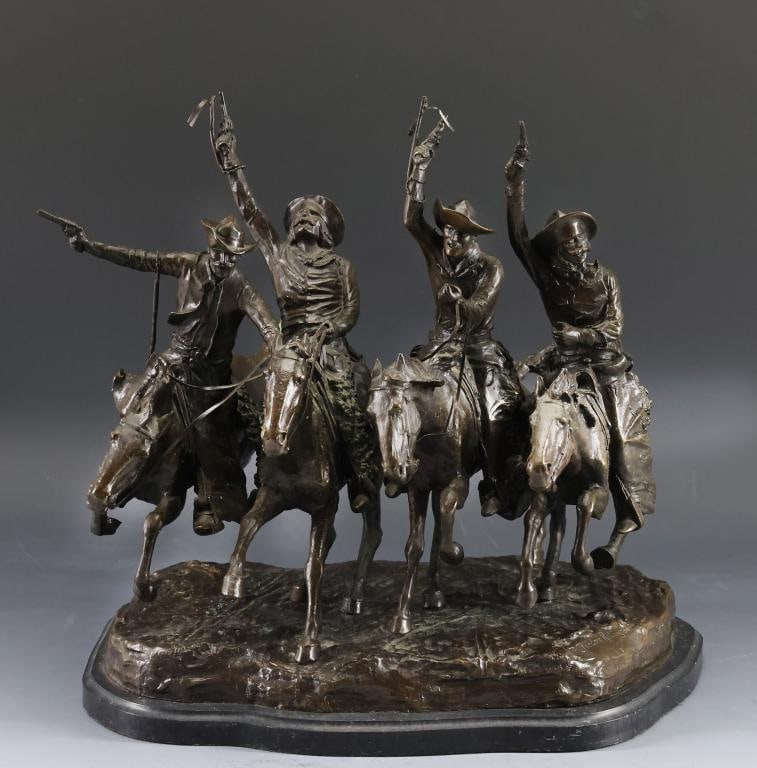 After Frederic Remington (1861 - 1909): Bronze sculpture, "Coming Through the Rye", impressed signature to the base, also marked for Collectors West Inc., dated 1984, and numbered 217/1500, mounted to a slate stand. 10.75"h x 11"w x 9.5"d o