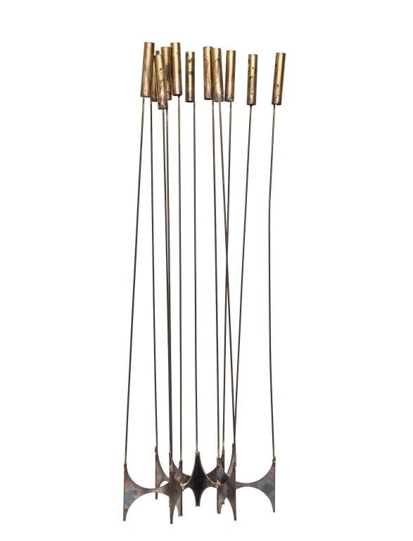 Attr. William Bowie (1926 - 1994): Torch cut and welded steel and brass Brutalist kinetic sculpture evoking cattails. Unsigned. 23.25"h x 8"w x 4"d