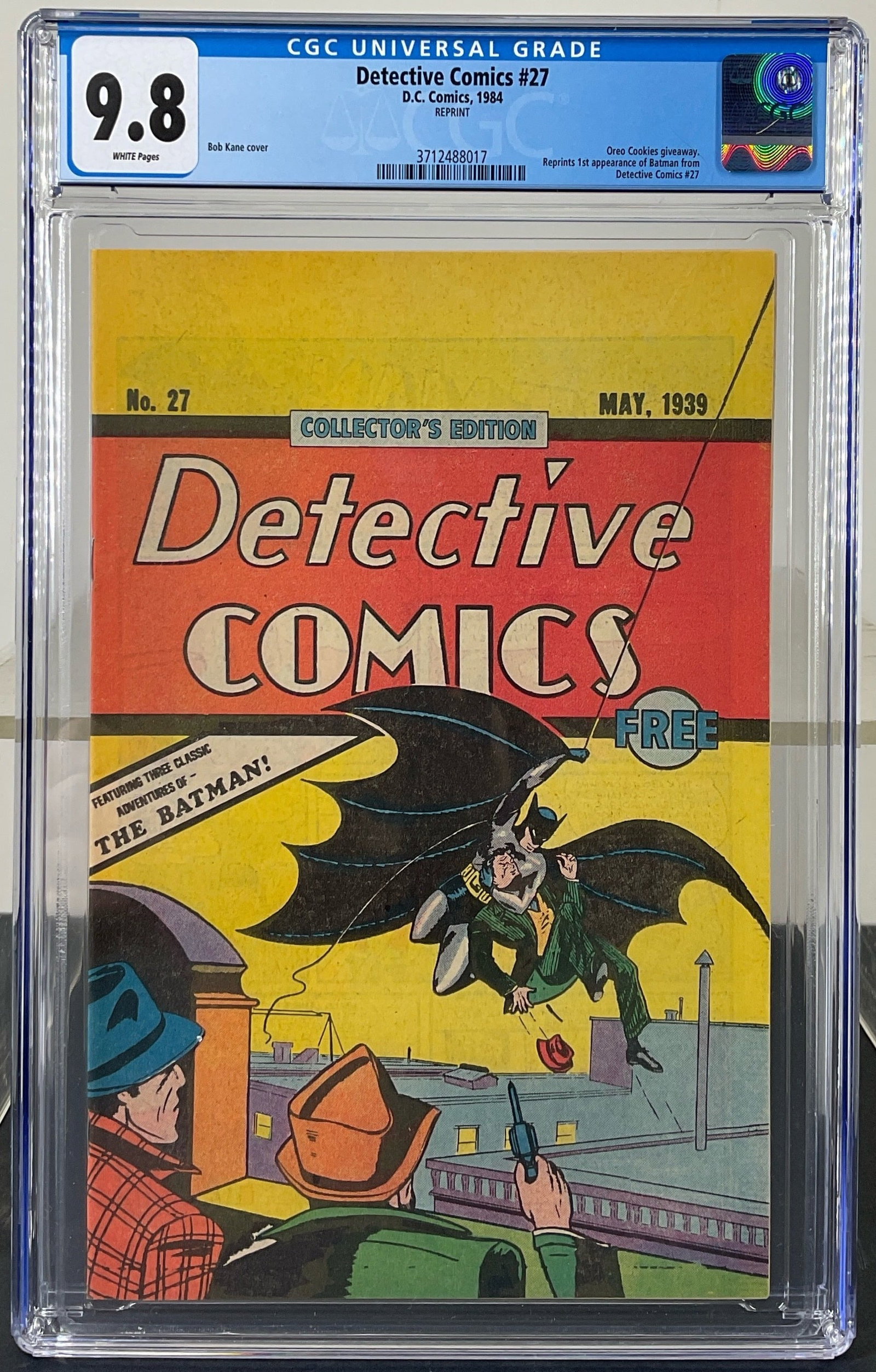 Detective Comics #27 (D.C. Comics, 1984) CGC 9.8 WHITE Pages: Detective Comics #27 (D.C. Comics, 1984) CGC 9.8 WHITE Pages. REPRINT. Bob Kane cover. Oreo Cookies giveaway. Reprints 1st appearance of Batman from Detective Comics #27.