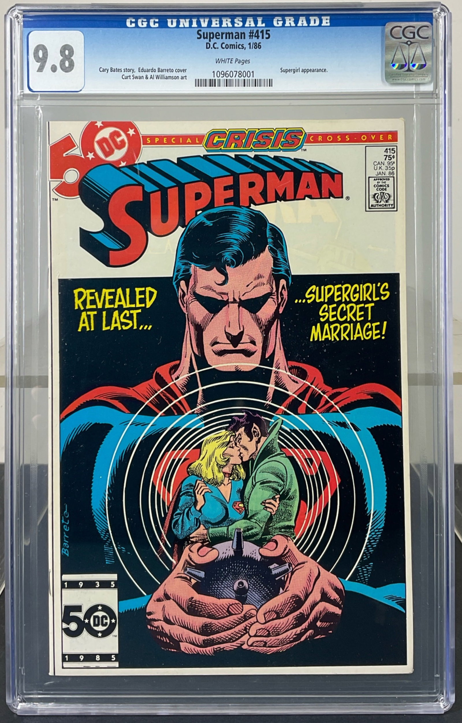 Superman #415 (D.C. Comics, 1986) CGC 9.8 White pages: Superman #415 (D.C. Comics, 1986) CGC 9.8 White pages. Cary Bates story, Eduardo Barreto cover. Curt Swan & Al Williamson art. Supergirl appearance.