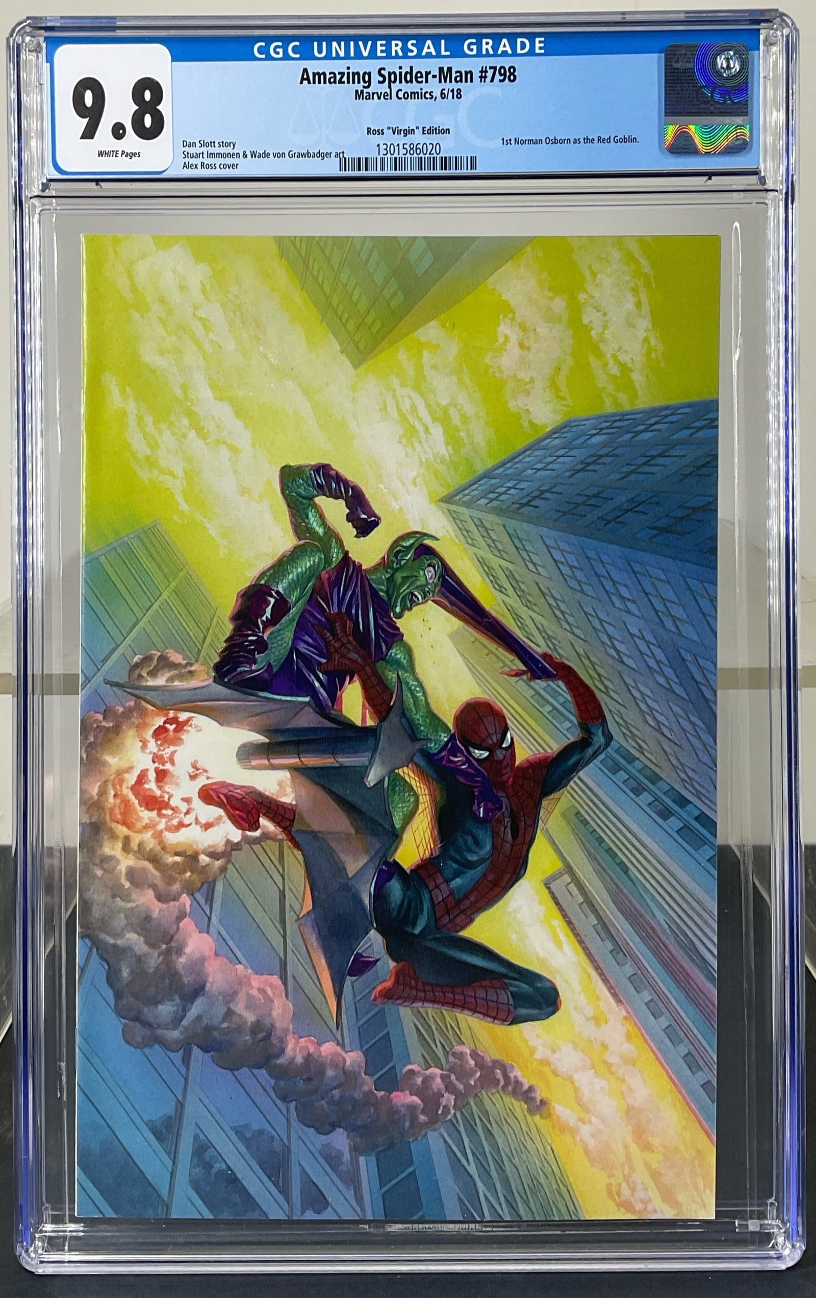 Amazing Spider-Man #798 (Marvel Comics, 2018) CGC 9.8 White Pages: Amazing Spider-Man #798 (Marvel Comics, 2018) CGC 9.8 White Pages. Ross "Virgin" Edition. Dan Slott story. Stuart Immonen & Wade von Grawbadger art. Alex Ross cover. 1st Norman Osborn as the Red Gobli