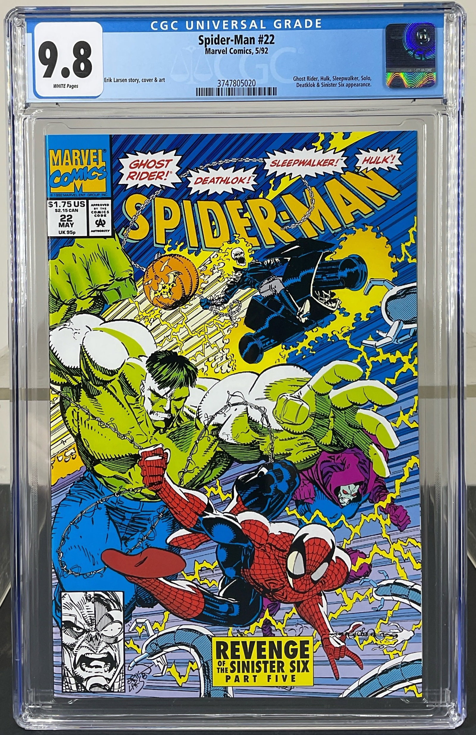 Spider-Man #22 (Marvel, 1992) CGC 9.8 White pages: Spider-Man #22 (Marvel, 1992) CGC 9.8 White pages. Erik Larsen story, cover & art. Ghost Rider, Hulk, Sleepwalker, Solo, Deathlok & Sinister Six appearance.