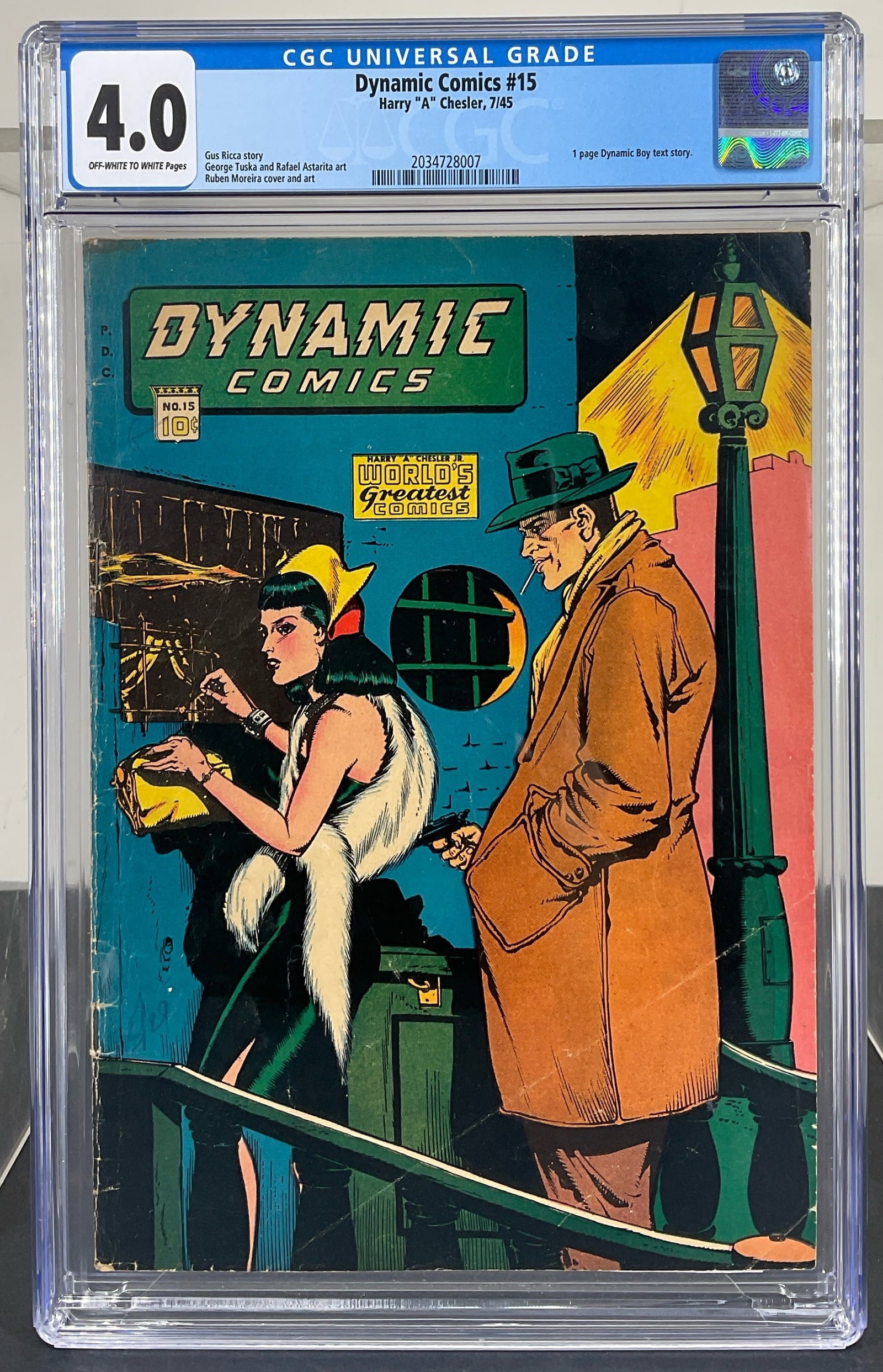 Dynamic Comics #15 (Harry "A" Chesler, 1945) CGC 4.0 Off-white to white pages: Dynamic Comics #15 (Harry "A" Chesler, 1945) CGC 4.0 Off-white to white pages. Gus Ricca story. George Tuska and Rafael Astarita art. Ruben Moreira cover and art. 1 page Dynamic Boy text story.