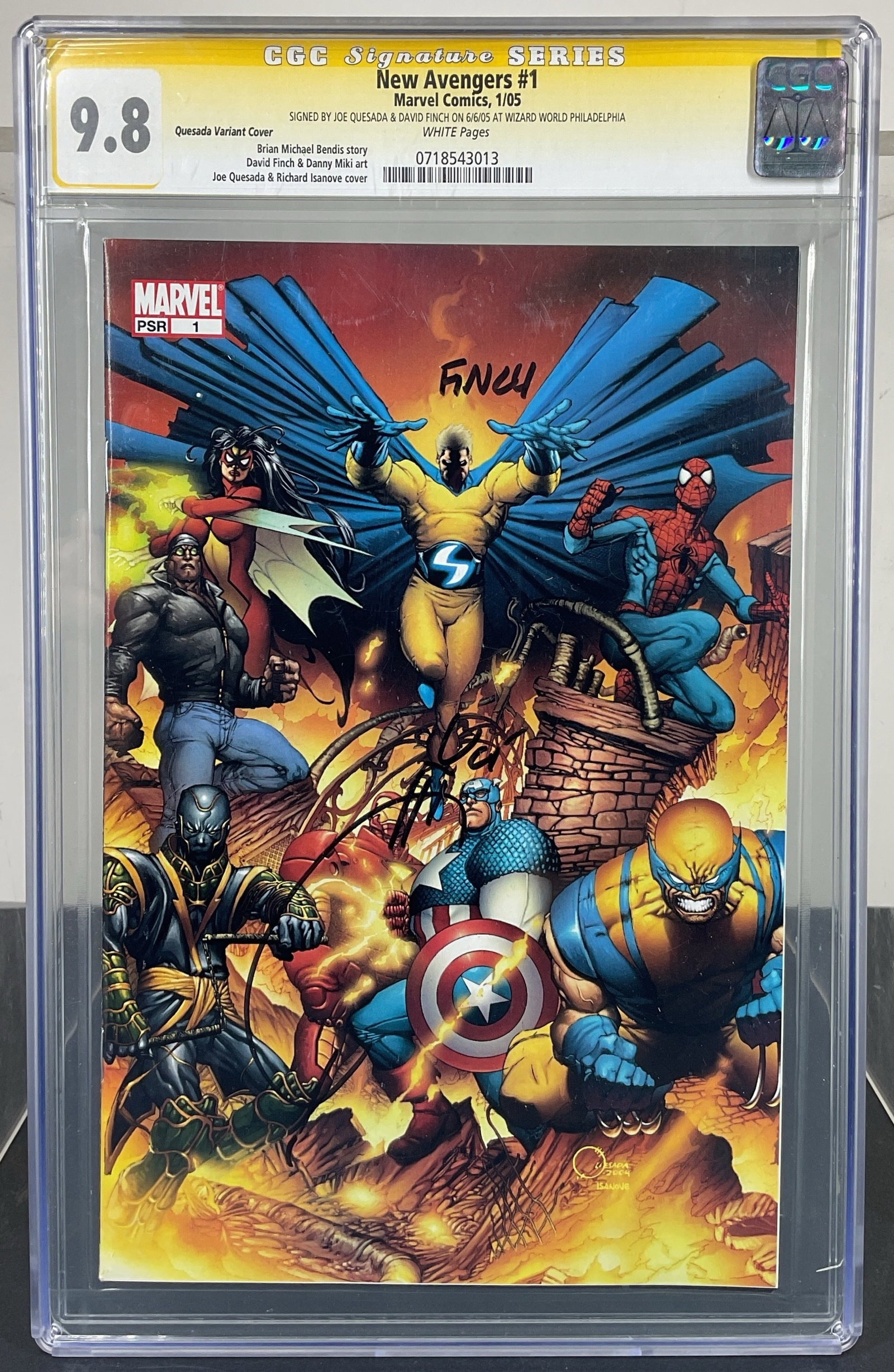 New Avengers #1 (Marvel Comics, 2005) CGC 9.8 WHITE Pages: New Avengers #1 (Marvel Comics, 2005) CGC 9.8 WHITE Pages. CGC Signature Series. Quesada Variant Cover. Signed by Joe Quesada & David Finch on 6/6/05 at Wizard World Philadelphia. Brian Michael Bendis