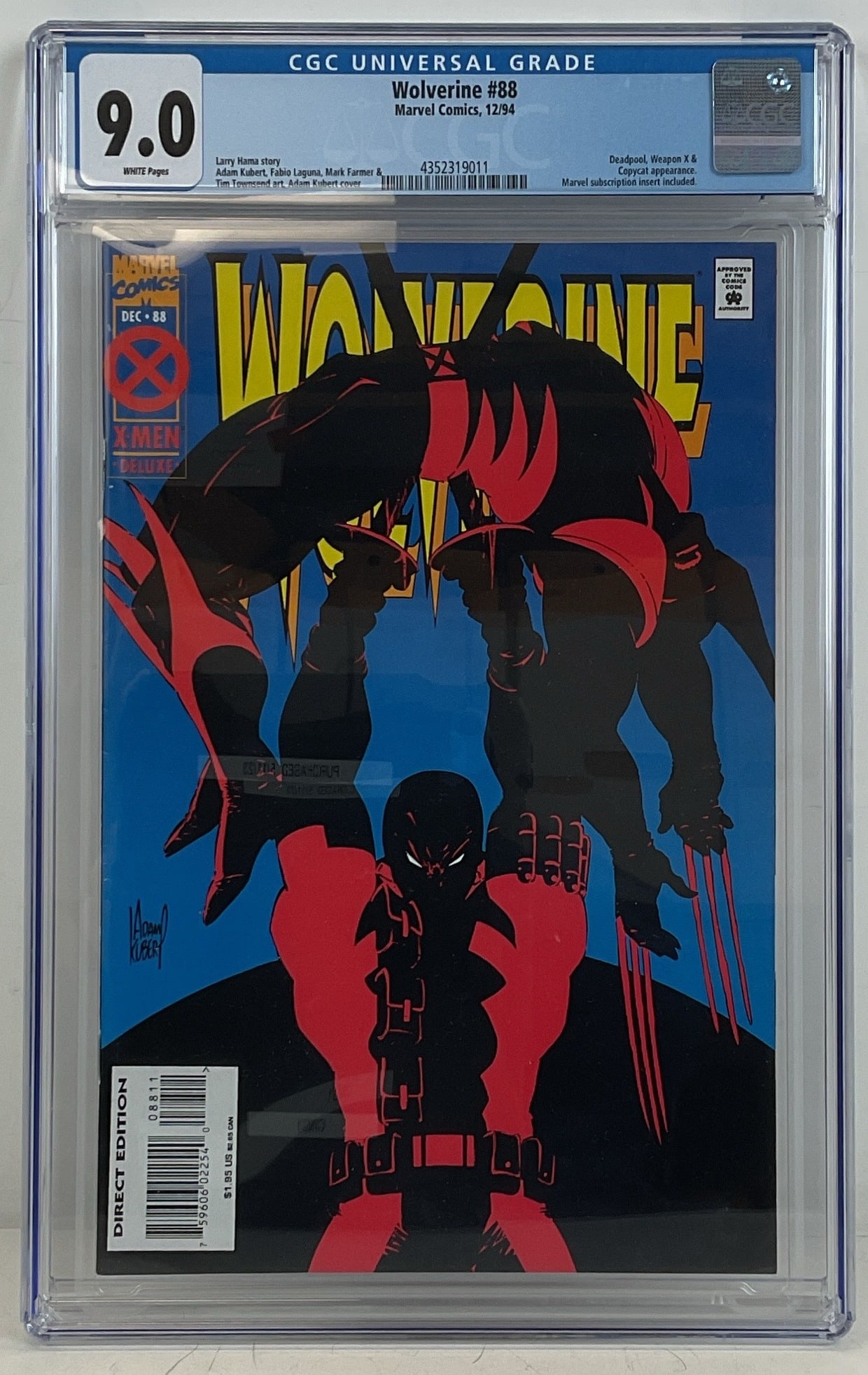 Wolverine #88 (Marvel Comics, 1994) CGC 9.0 White Pages: Wolverine #88 (Marvel Comics, 1994) CGC 9.0 White Pages. Larry Hama story. Adam Kubert, Fabio Laguna, Mark Farmer & Tim Townsend art, Adam Kubert cover. Deadpool, Weapon X & Copycat appearance.