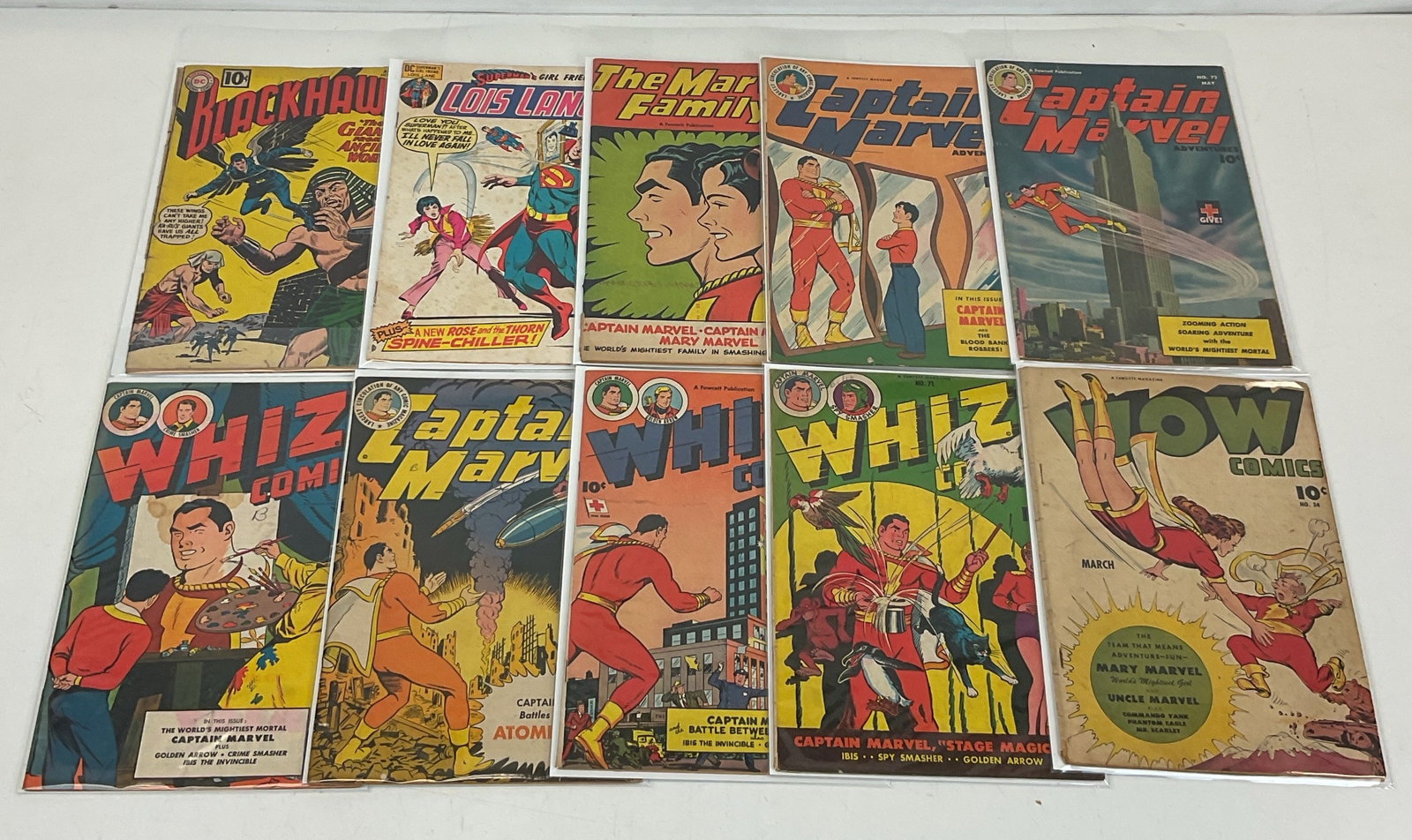 Mixed Publisher Grab Bag: Captain Marvel Adventures #45, #66, #72. The Marvel Family #18. Whiz Comics #71, #79, #96. Wow Comics #34. Blackhawk #163. Superman's Girl Friend Lois Lane #109. Condition varies.