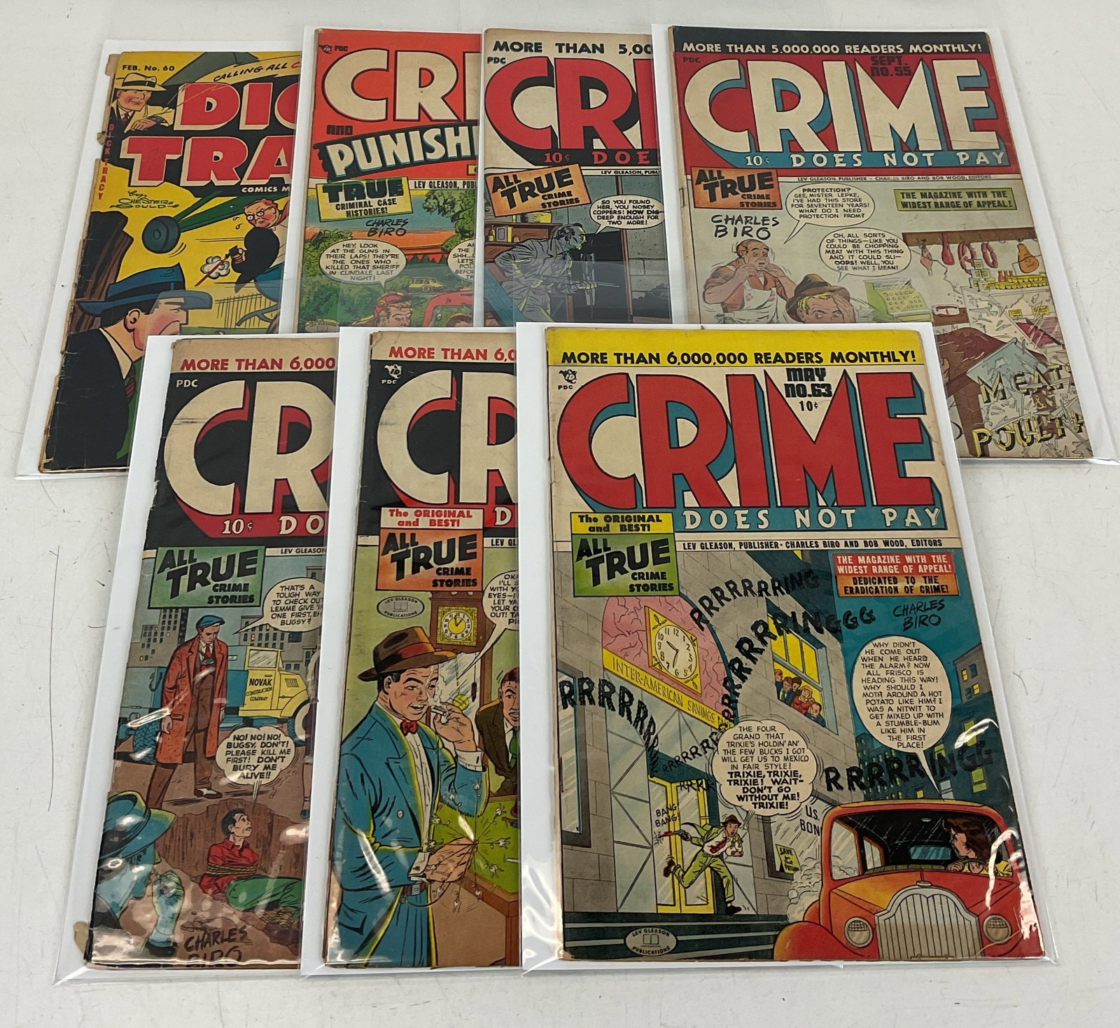 Mixed Publisher Grab Bag: Crime and Punishment #4. Crime Does Not Pay #51, #55, #59, #62, #63. Dick Tracy #60. Condition varies.