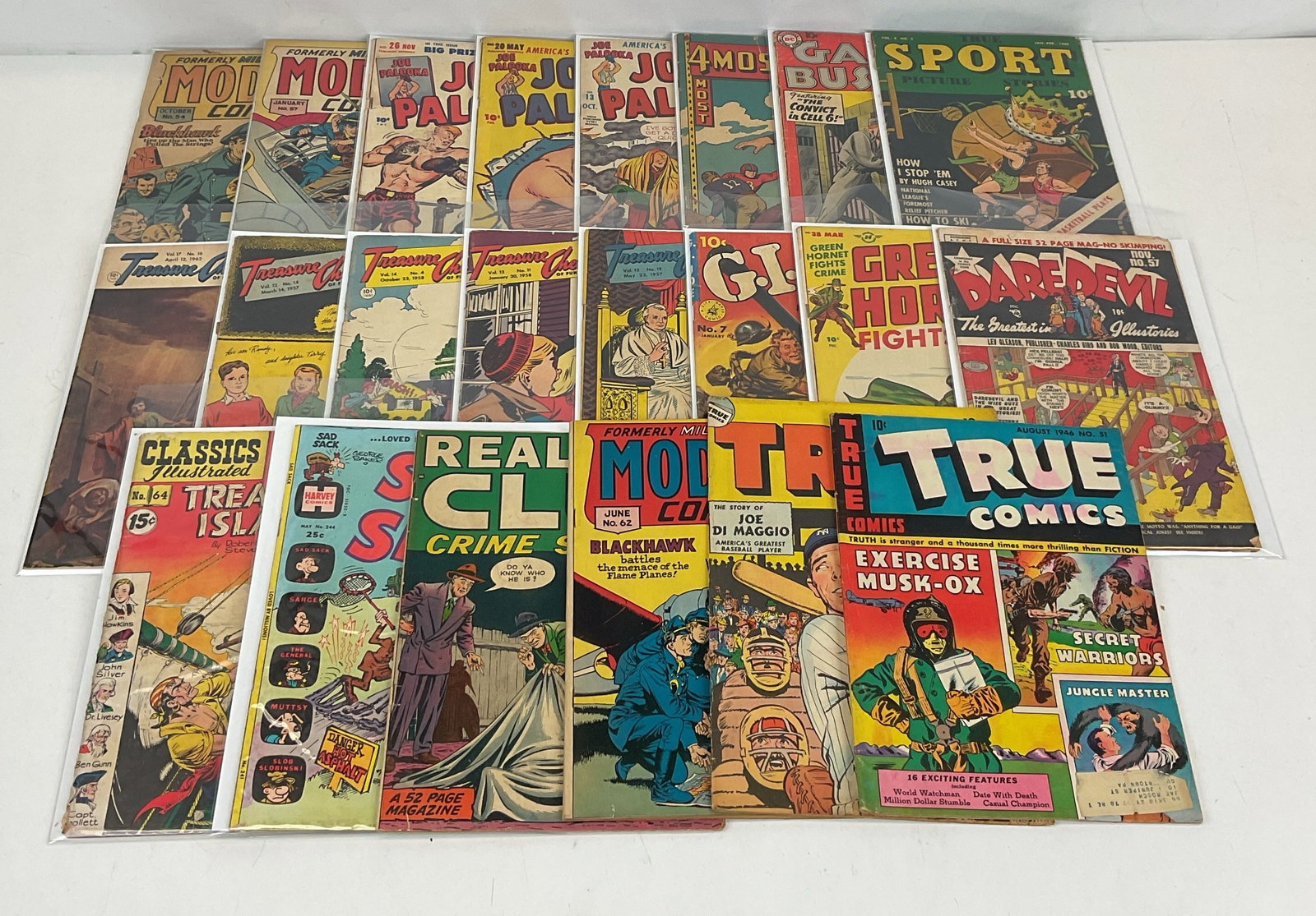 Mixed Publisher Grab Bag: Modern Comics #54, #57, #62. Joe Palooka Comics #13, #20, #26. Treasure Chest Vol. 12 No. 14, Vol. 12 No. 19, Vol. 13 No. 11, Vol. 14 No. 4, Vol. 17 No. 16. True Comics #51, #71. 4Most Vol. 5 No. 4.