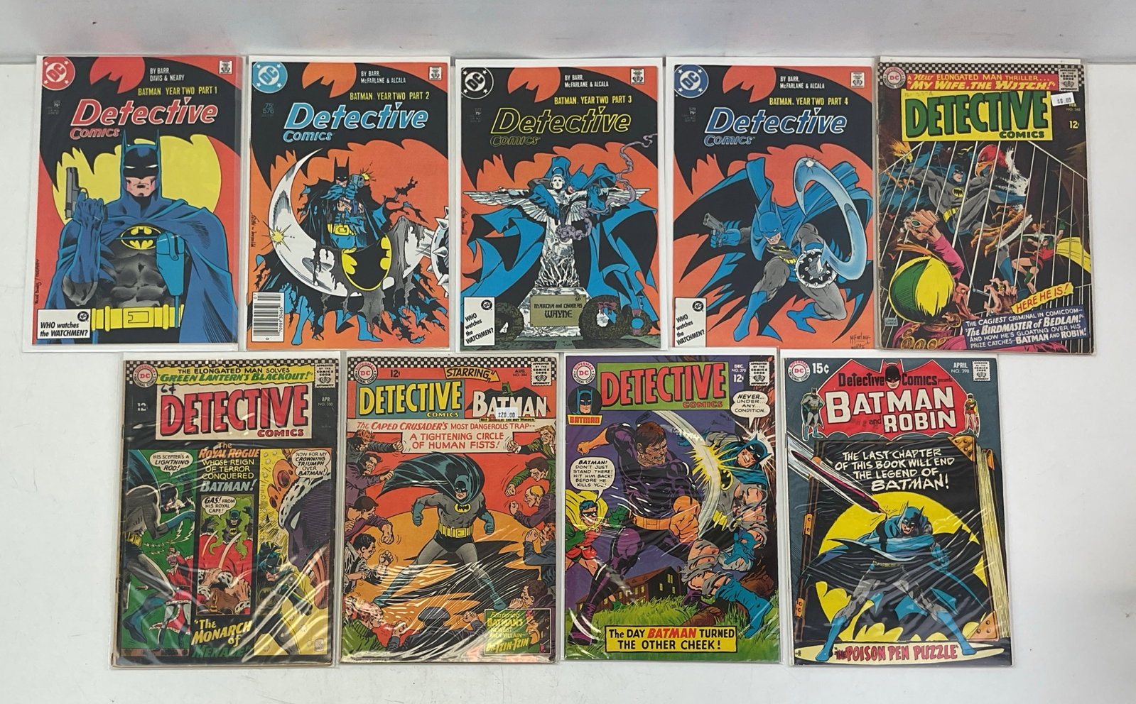 Detective Comics Comic Books (#348, #350, #354, #370, #398, #575, #576, #577, #578): Detective Comics #348, #350, #354, #370, #398. Batman Year Two (parts 1-4). Condition varies.