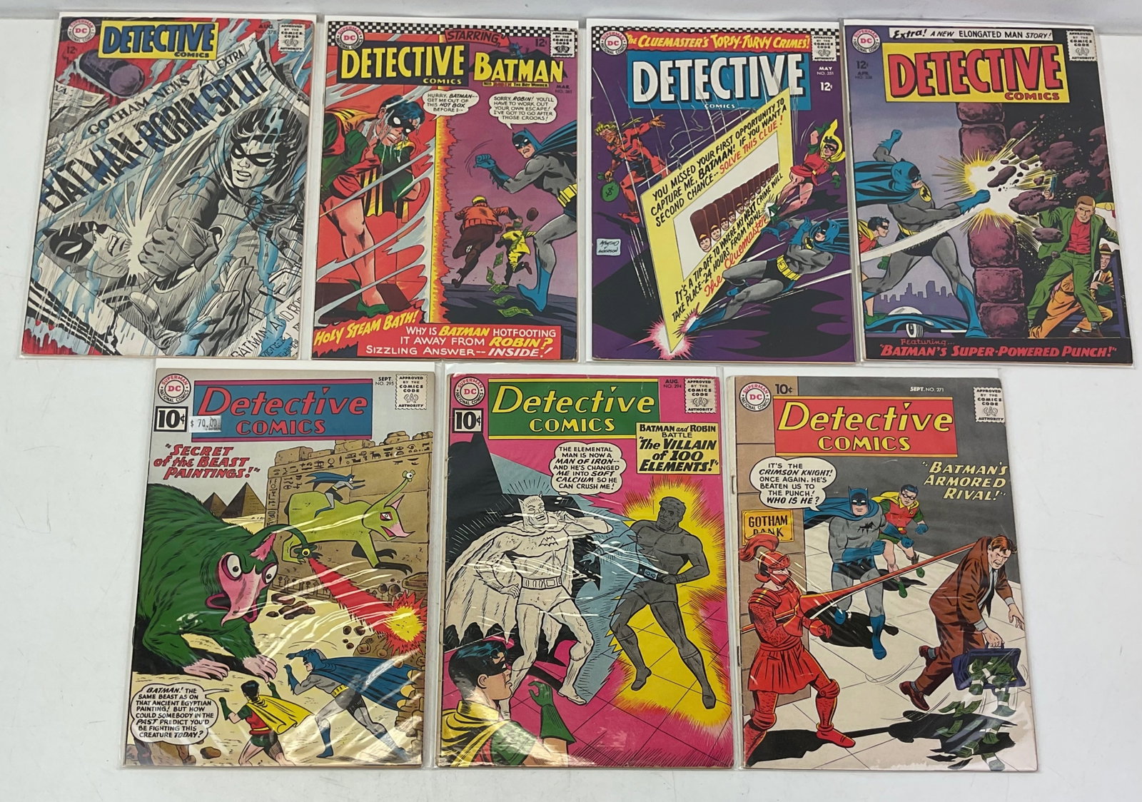 Detective Comics Comic Books (#271, #294, #295, #338, #351, #361, #378): Detective Comics #271, #294, #295, #338, #351, #361, #378. Condition varies.