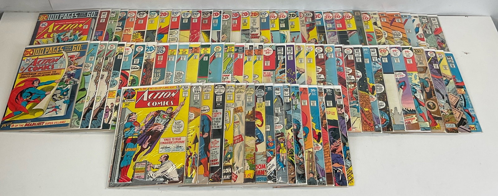 Asst. Bronze Age Action Comics (approx. 90).: Includes: Action Comics #404, #405, #407, #408, #409, #410, #411, #412, #413, #417, #419, #424, #425, #428, #434, #435, #436, #437, #438, #440, #441, #442, #443, #444, #445, #446, #461, #463, #464,