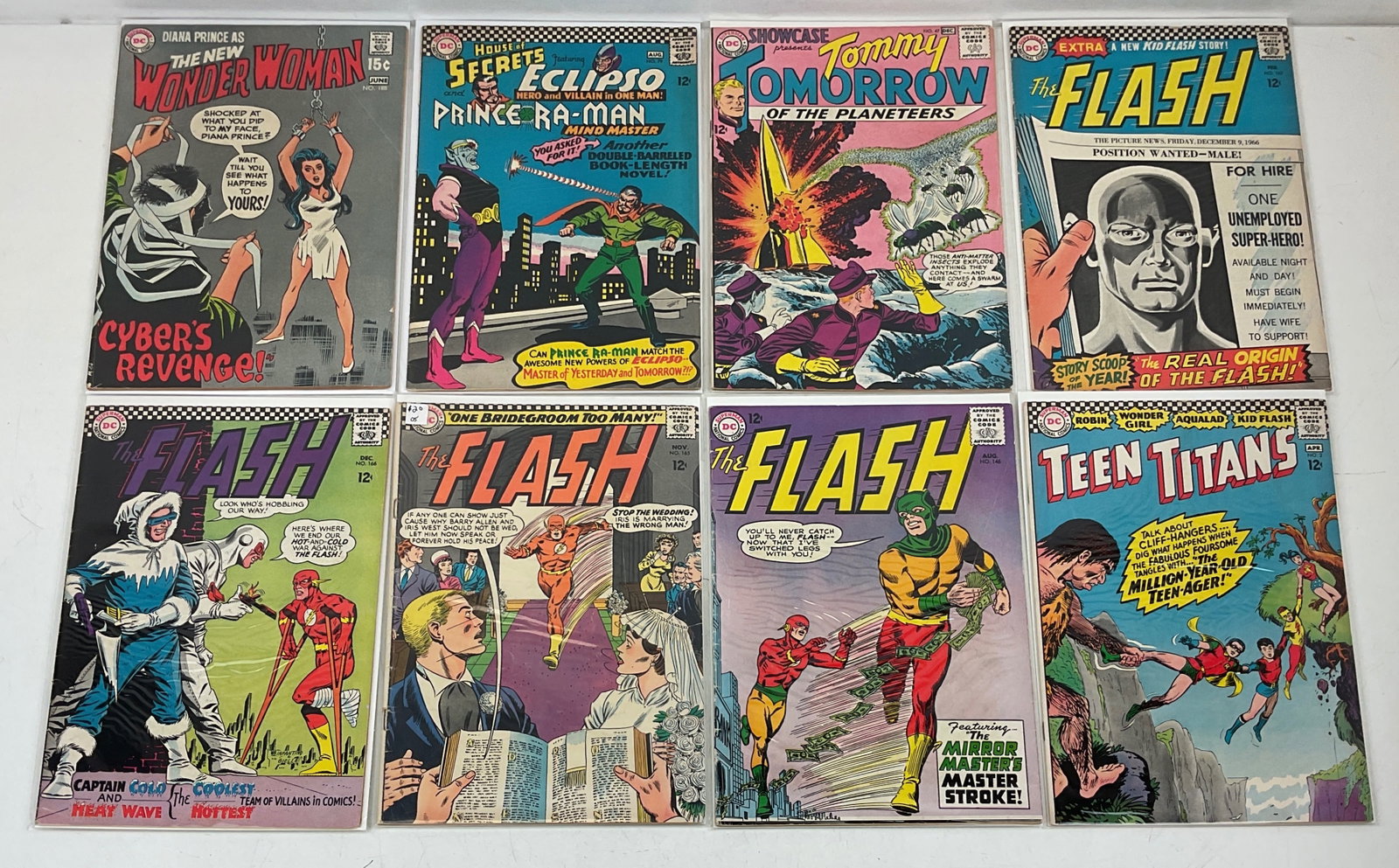DC Grab Bag: Teen Titans #2. The Flash #146, #165, #166, #167. Showcase #47. House of Secrets #79. Wonder Woman #188. Condition varies.