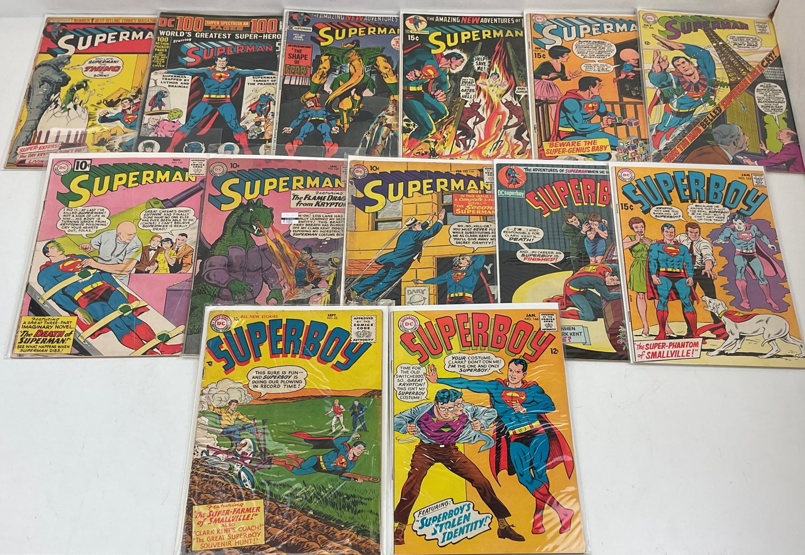 DC Grab Bag: Superboy #43, #144, #162, #169. Superman #119, #142, #149, #208, #224, #236, #241, #245, #251. Condition varies.