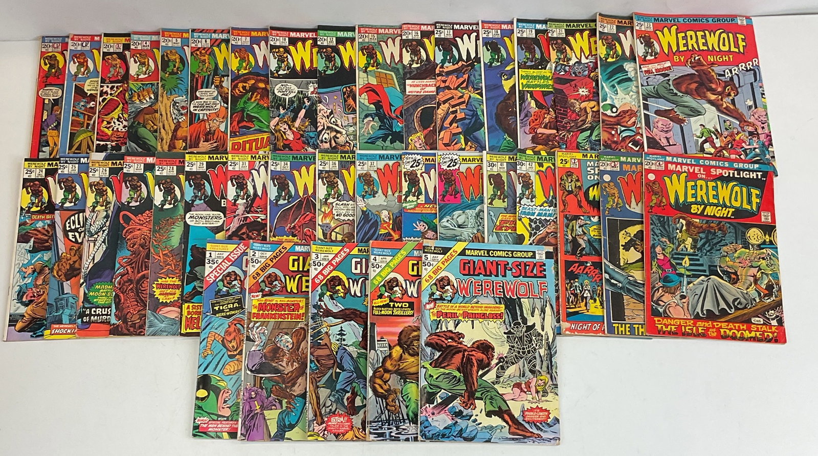 Asst. Werewolf Comics: Werewolf by Night #1, #2, #3, #4, #5, #6, #7, #10, #12, #15, #16, #17, #18, #19, #21, #22, #23, #24, #25, #26, #27, #28, #29, #31, #34, #36, #37, #38, #39, #41, #42. Marvel Spotlight #2, #3, #4.