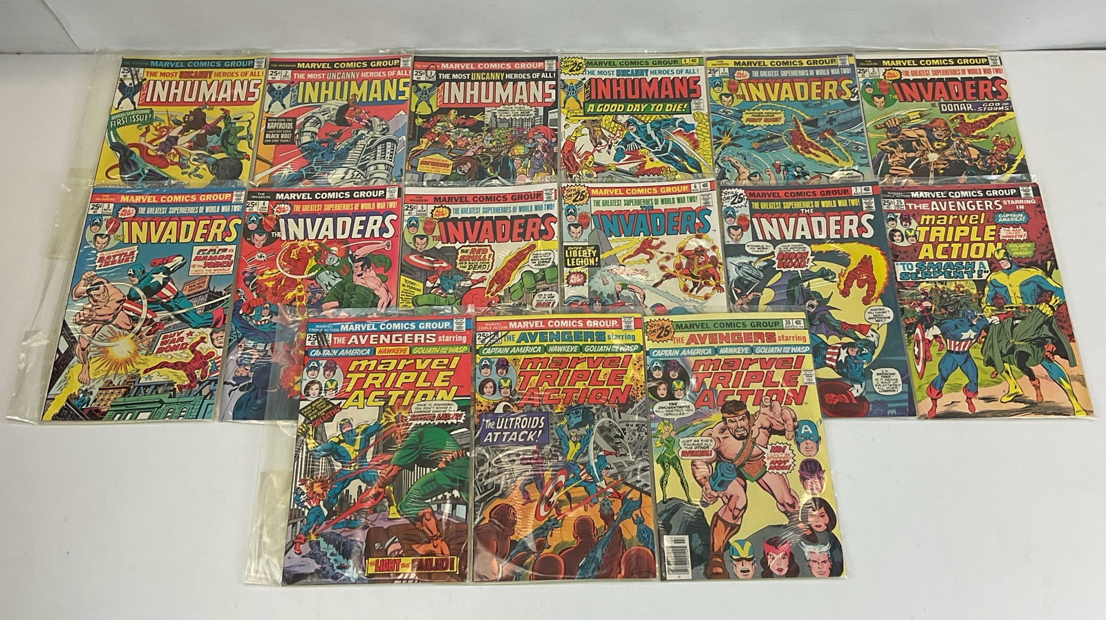 Marvel Grab Bag: Marvel Triple Action #25, #27, #28, #30. The Invaders #1, #2, #3, #4, #5, #6, #7. The Inhumans #1, #2, #3, #4. Condition varies.