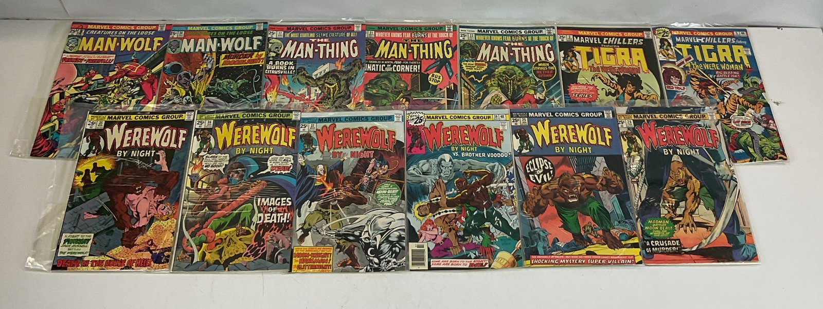 Marvel Grab Bag: Marvel Chillers #3, #5. The Man-Thing #17, #21, #22. Creatures on the Loose #36, #37. Werewolf by Night #25, #26, #35, #36, #37, #39. Condition varies.