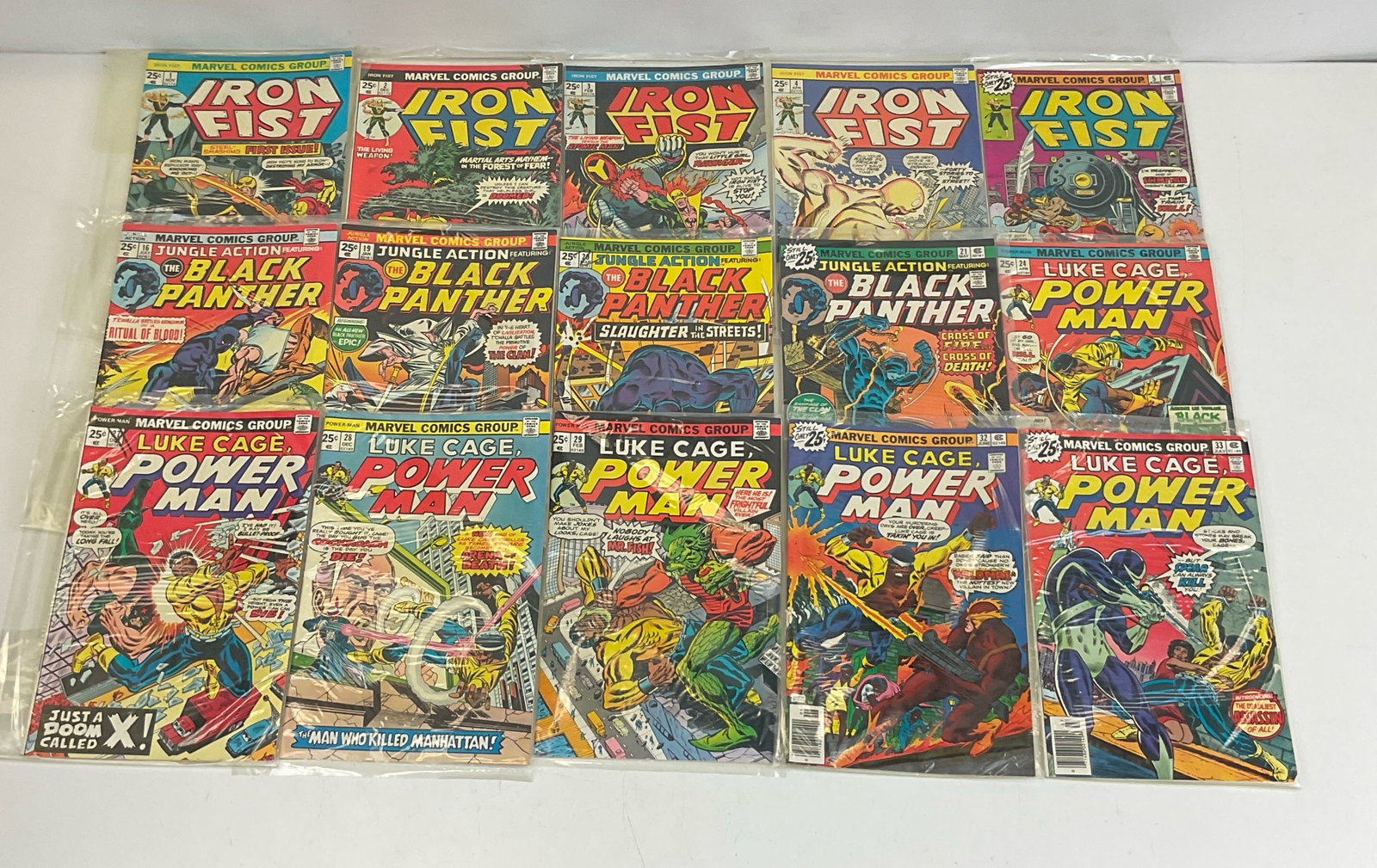 Marvel Grab Bag: Iron Fist #1, #2, #3, #4, #5. Jungle Action #16, #19, #20, #21. Luke Cage, Power Man #24, #27, #28, #29, #32, #33. Condition varies.