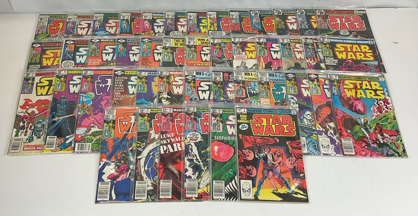 Marvel Grab Bag: Star Wars #2, #3, #5, #6, #7, #10, #12, #13, #15, #18, #20-22, #27, #28, #32, #34, #35, #39-64. Star Wars King-Sized Annual #2. Condition varies.