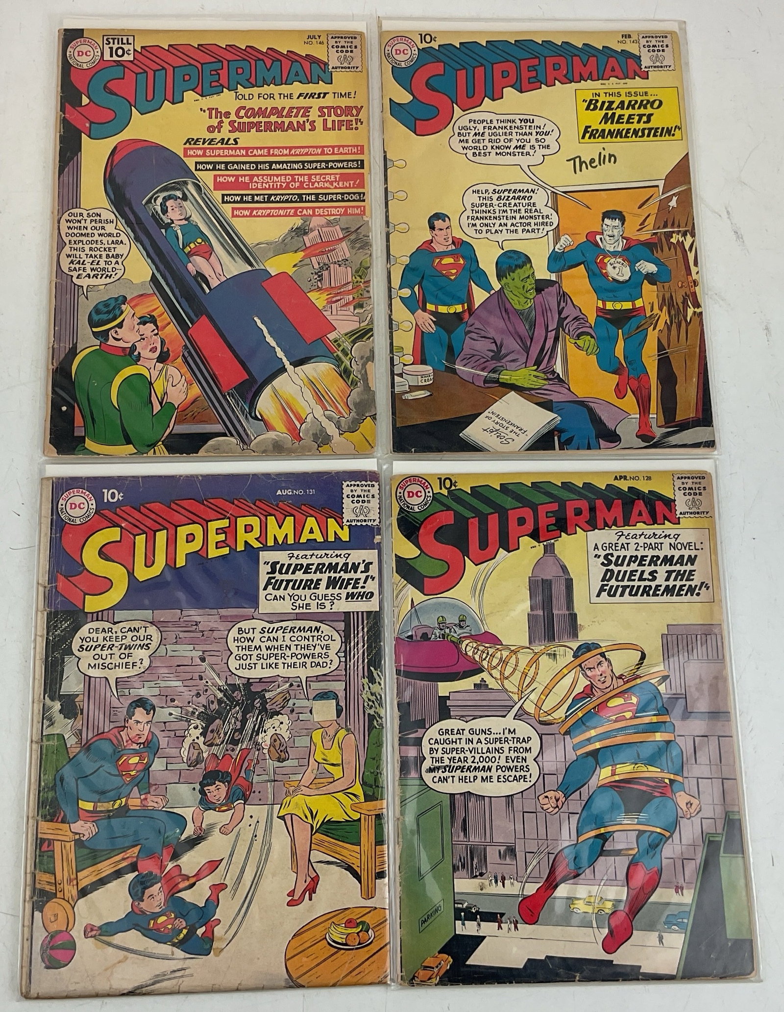 Superman Comics: (4) Superman comics #128, #131, #143 and #146. Condition varies.