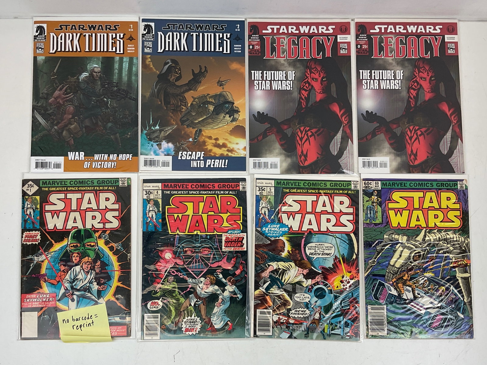 Assorted Star Wars Comics: Star Wars #1, #4, #5, #69. Star Wars Legacy #0 (x2). Star Wars Dark Times #1, #2. Condition varies.