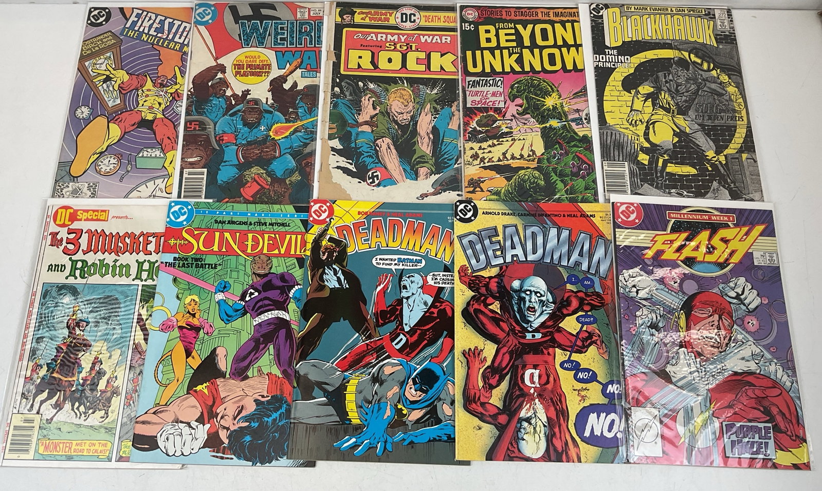 DC Grab Bag: Firestorm The Nuclear Man #70. Weird War Tales #89. Our Army at War #291. From Beyond The Unknown #1. Blackhawk #272. DC Special #22. Sun Devils #11. Deadman #1, #5. Flash #8. Condition varies.