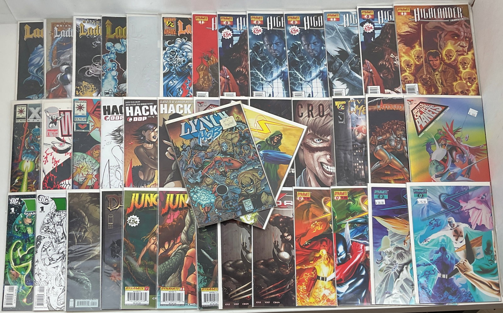 Assorted Comics, Variants, and convention exclusives (41): Titles include: Lady Death (Wizard 1/2, Between Heaven & Hell), Highlander (#0, #1), X-O Manowar, Psi-Lords, Wildstar #1, Violent Messiahs Wizard 1/2, Crossed #0, Battle of the Planets, Hack/Slash