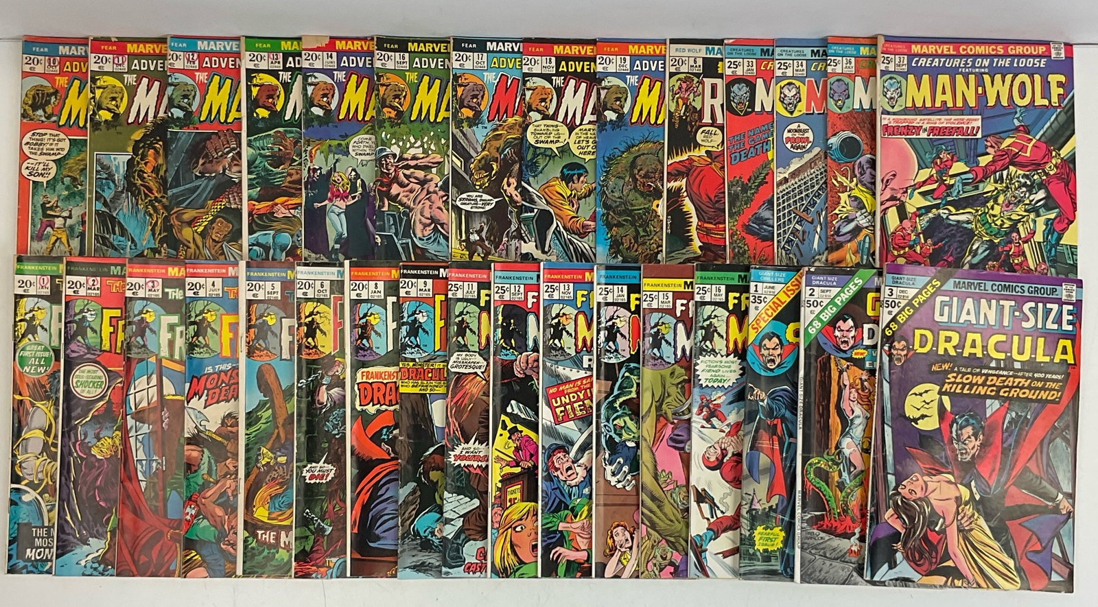 Marvel Grab Bag: Giant-Size Dracula #1, #2, #3. The Monster of Frankenstein #1, #2, #3, #4, #5, #6, #8, #9, #11, #12, #13, #14, #15, #16. Man-Wolf #33, #34, #36, #37. Red Wolf #6. Man-Thing #10, #11, #12, #13, #14,