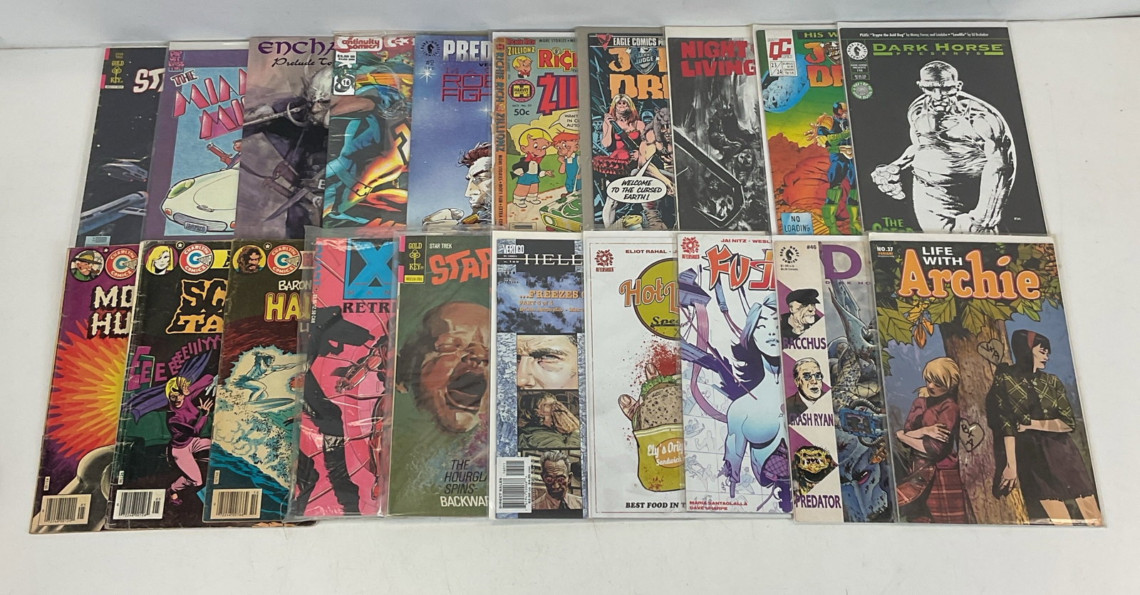 Mixed Publisher Grab Bag: Dark Horse Presents #46. Eagle Comics Presents Judge Dredd. Enchanter #3. Fu Jitsu. Haunted #45. Hellblazer. Hot Lunch Special. Judge Dredd #23. Life with Archie #37. Megalith. Monster Hunters #14.