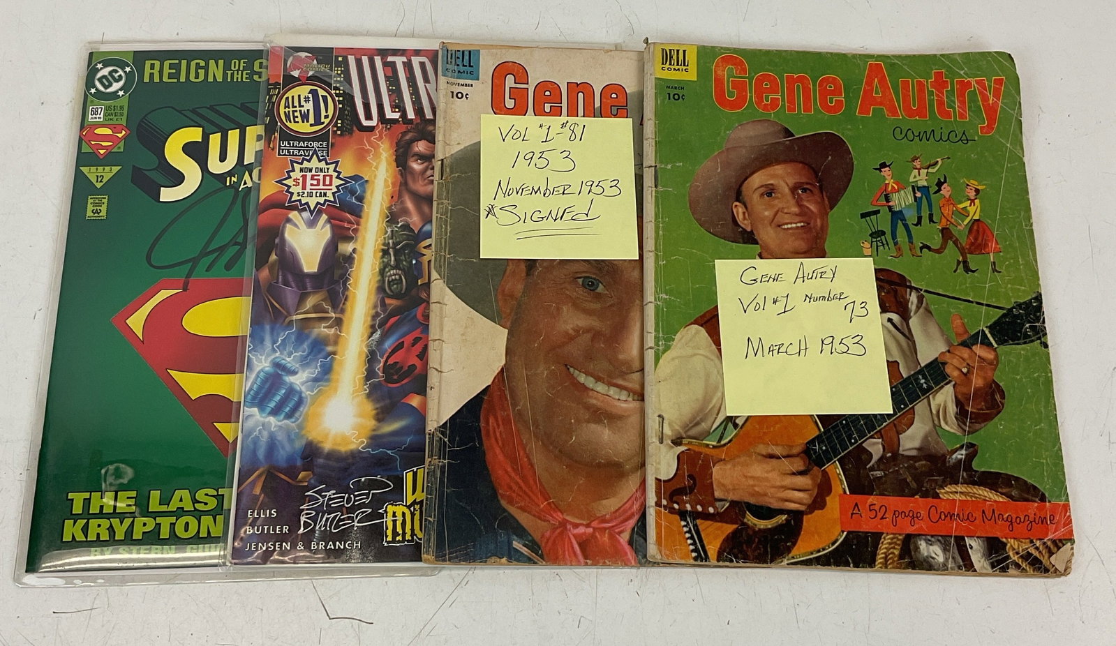 Gene Autry Comics, Signed Superman and Ultraforce comics: Gene Autry Comics Vol #1 #73 March 1953, Vol #1 #81 November 1953 *Signed. Superman in Action Comics #687 - Signed with certificate. Ultraforce #1 - Signed with certificate. Condition varies.