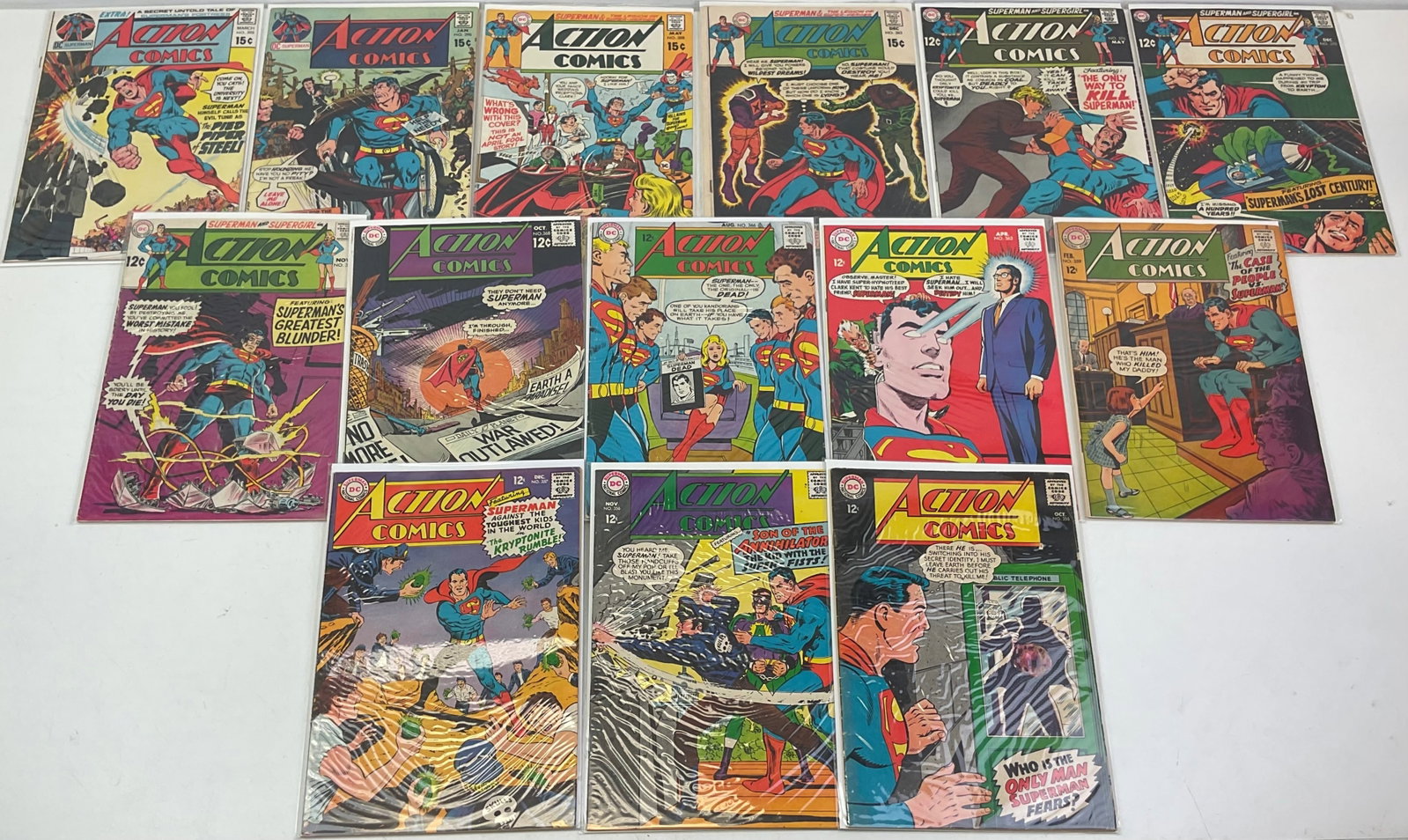DC Grab Bag: Asst. Action Comics #s range 355-398 (14 comics). Condition varies.