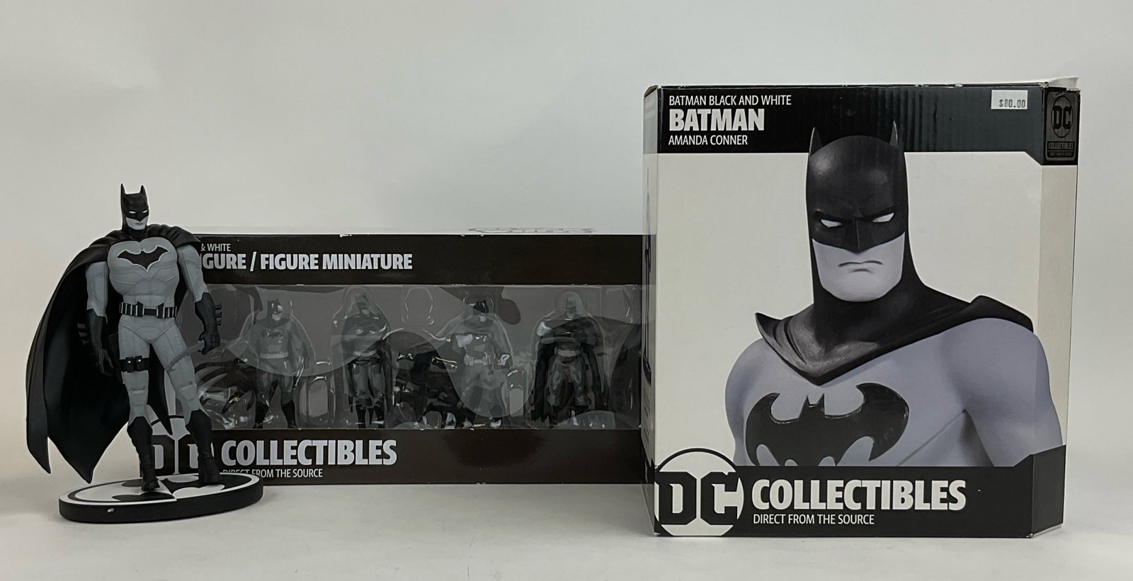 DC Collectibles Batman Black & White Figures: DC Collectibles Batman Black and White figures (3), includes one boxed limited edition Amanda Conner statue, one loose numbered limited edition statue, and one boxed Series 1 mini figure 7-pack. The