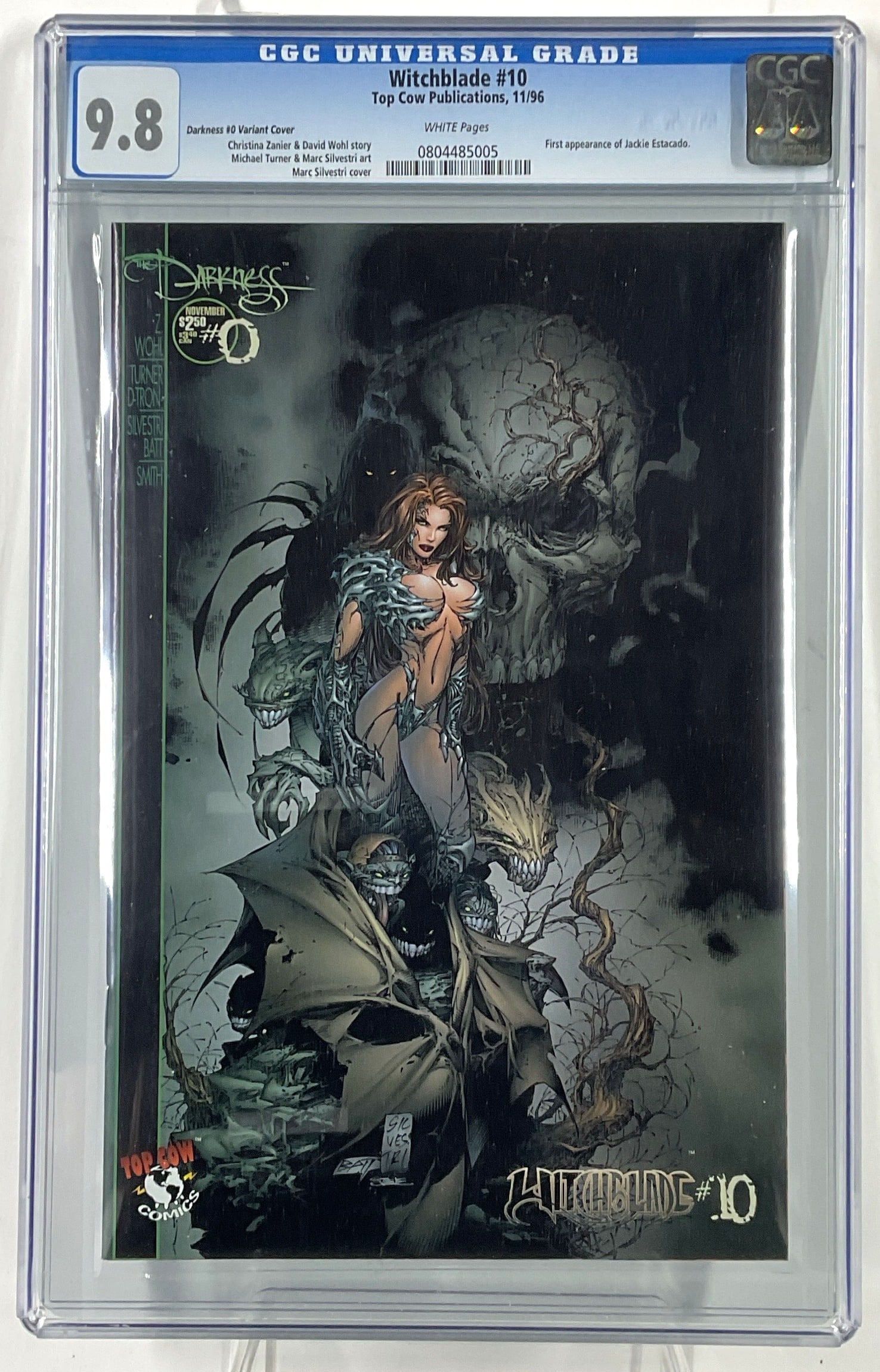 Witchblade #10 (Top Cow Publications, 1996) CGC 9.8 White pages: Witchblade #10 (Top Cow Publications, 1996) CGC 9.8 White pages. Darkness #0 Variant Cover. First appearance of Jackie Estacado.