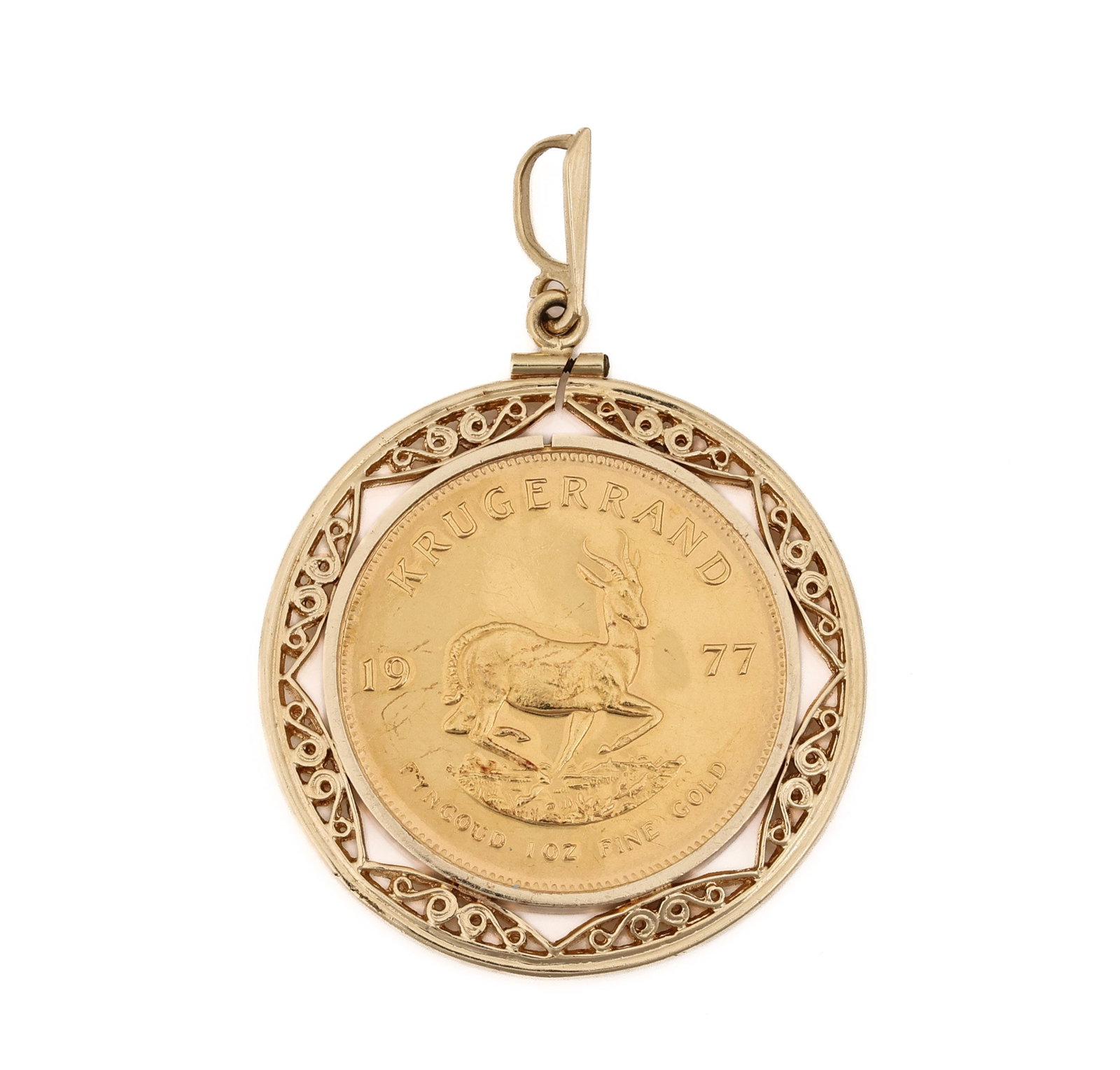 1977 1 oz. Krugerrand 14K Gold Pendant: 1977 South African 1 oz. Krugerrand gold coin in a 14K yellow gold filigree bezel. 2.5"h, 28.7 dwt.