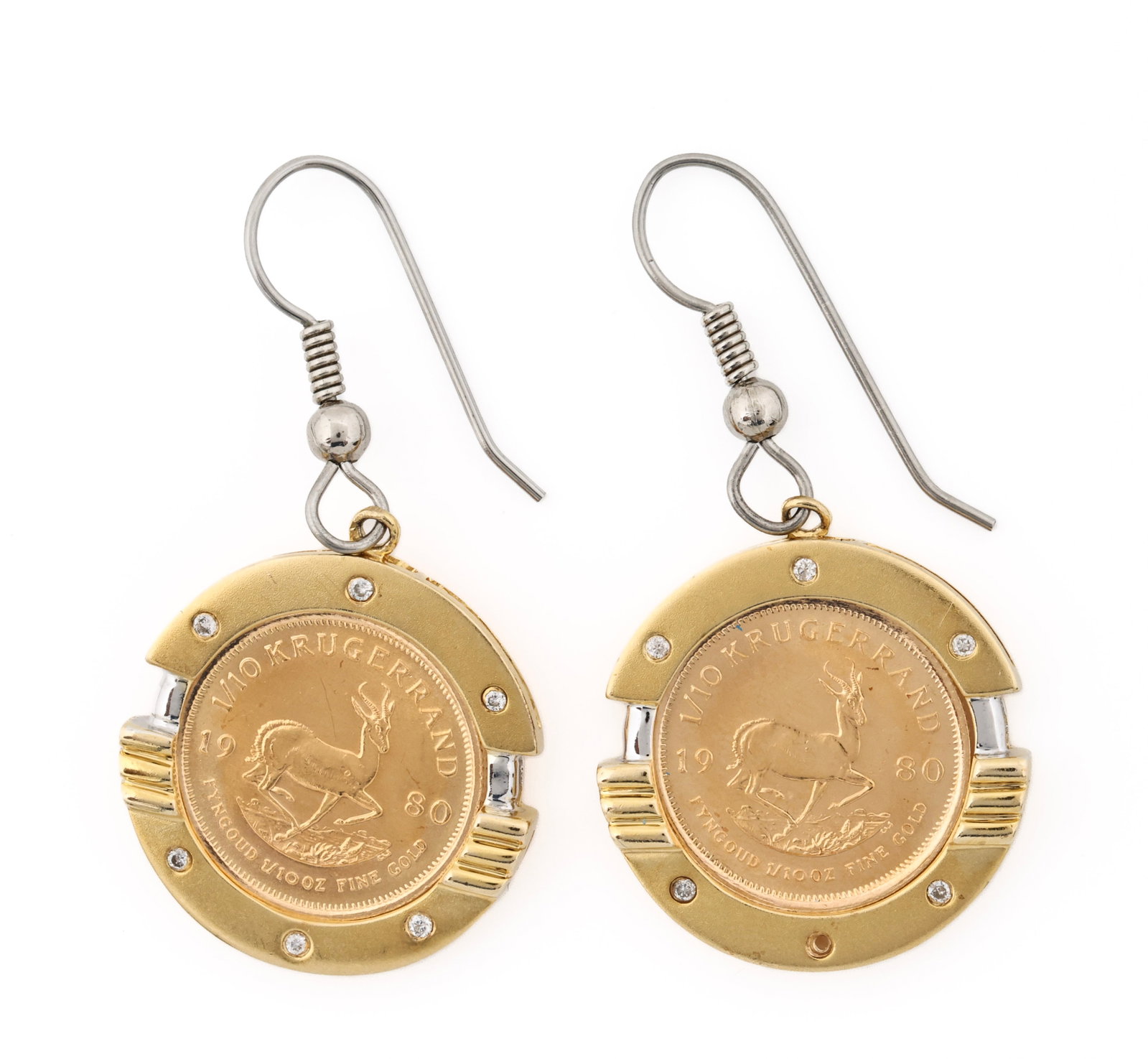 14K Krugerrand Diamond Earrings: 1980 South African 1/10 oz. Krugerrand gold coin earrings (2), each in a 14K yellow and white gold bezel with diamond accents. One diamond missing. 1.75"h. Gross weight 7.7 dwt.