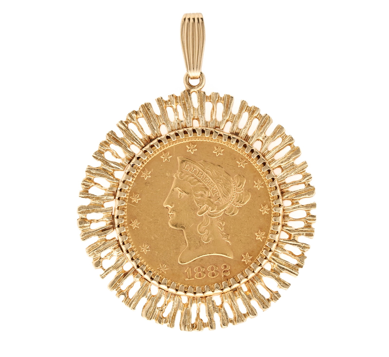 1882 $10 Liberty Head Gold Eagle Pendant: 1882 United States $10 Liberty Head gold eagle mounted in a 14K yellow gold openwork pendant bezel. 1.75" long. 14.3 dwt.