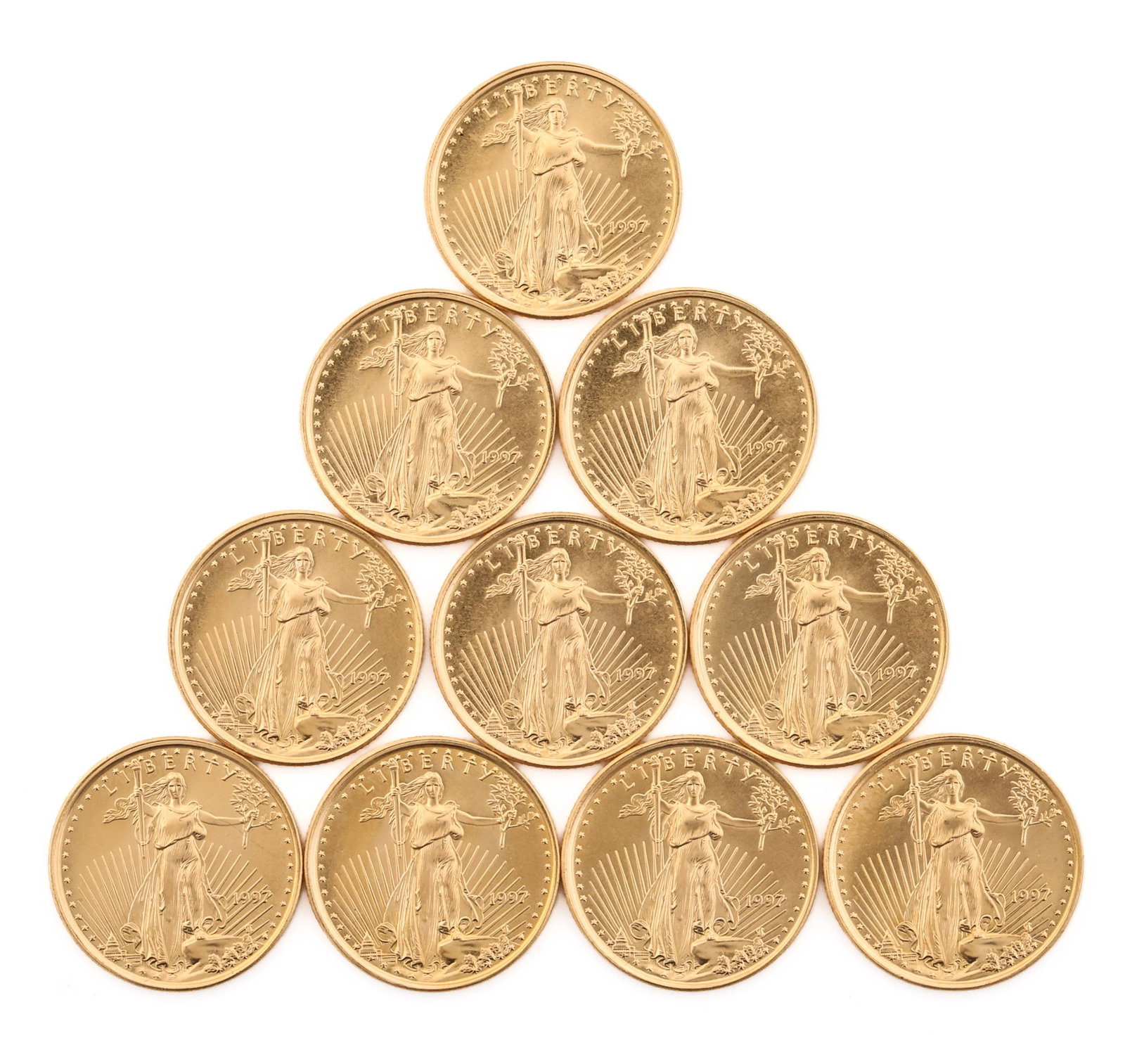 (10) 1997 $5 American Gold Eagle 1/10 oz Coins: 1997 United States $5 American Gold Eagle coins (10), each containing 1/10 troy oz. fine gold. Total gold content 1 troy oz.