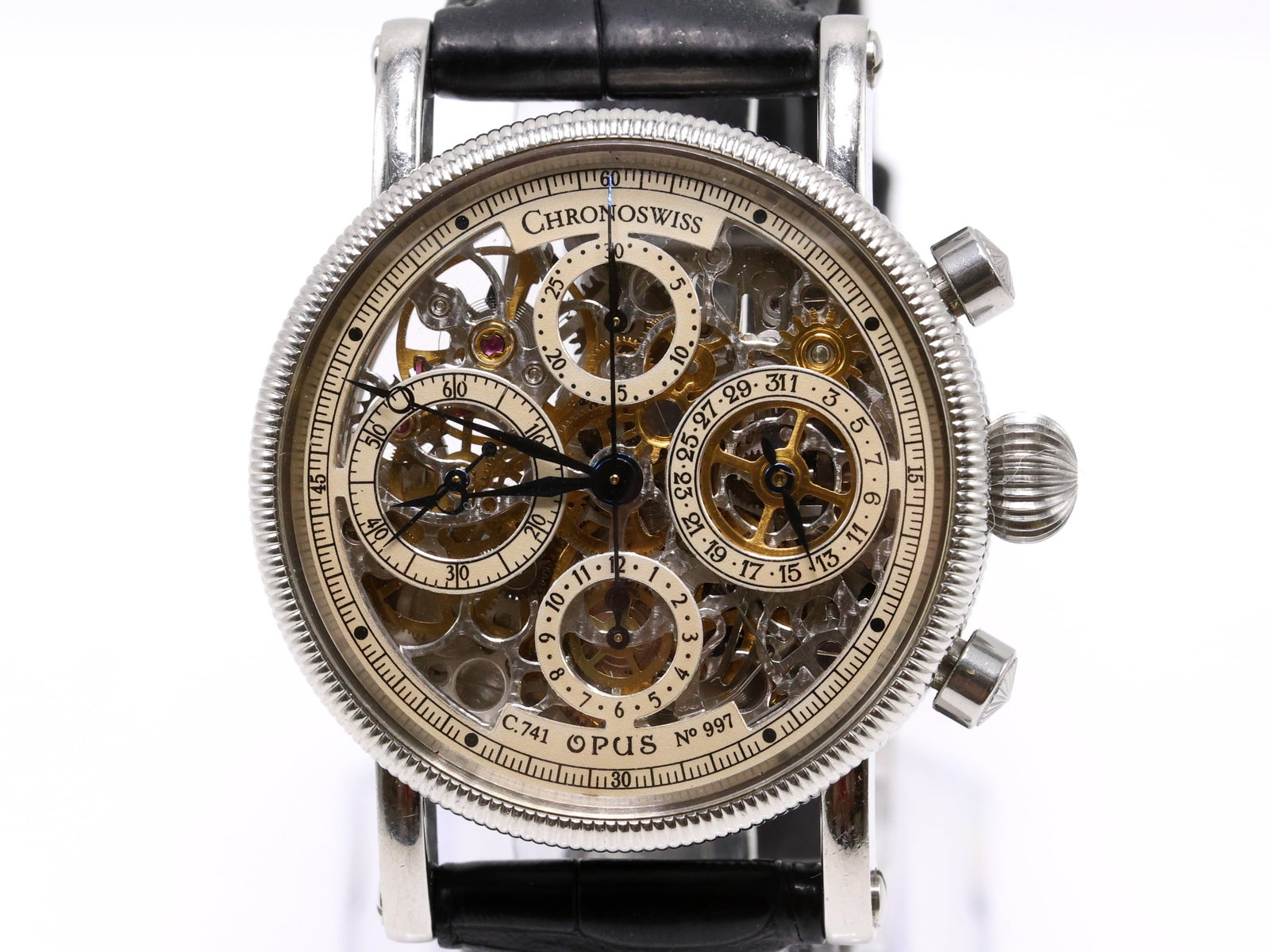 Chronoswiss Opus Chronograph Ref. CH 7523 S: Chronoswiss Opus Chronograph Ref. CH 7523 S automatic skeleton wristwatch, Switzerland, circa 1999. Stainless steel case with skeletonized dial, sapphire crystal, automatic 25-jewel movement with