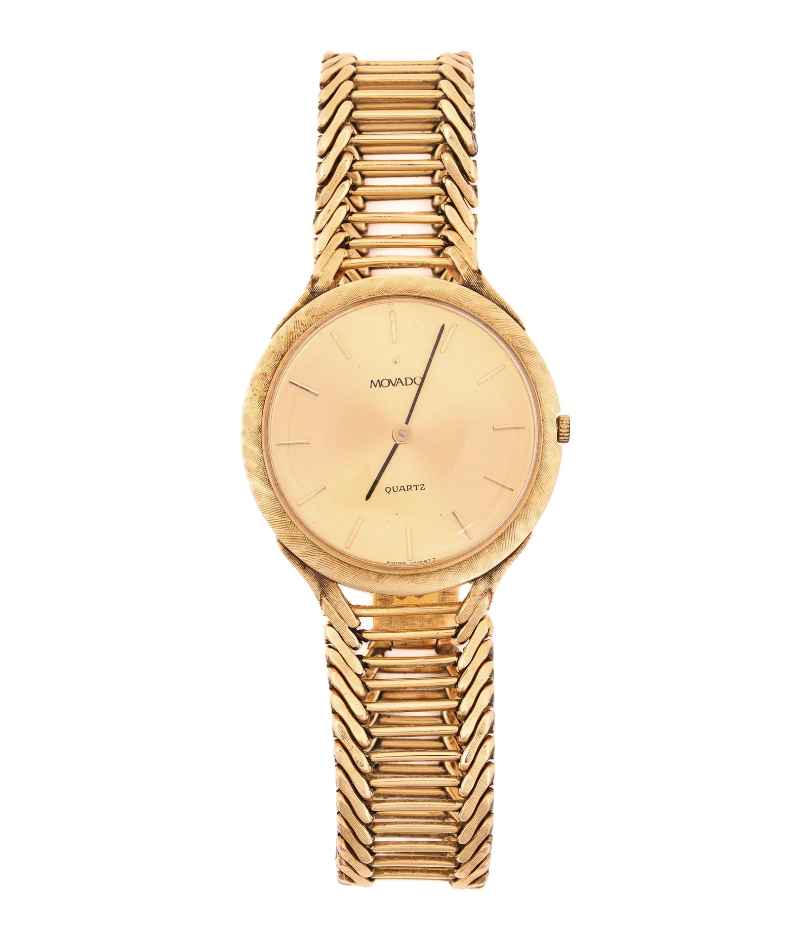 Movado 14K YG Wristwatch: Movado 14K yellow gold quartz wristwatch with gold tone dial and baton hour markers, set in a 14K yellow gold Lucien Piccard case and bracelet. 7.5"l. 31.6 dwt.