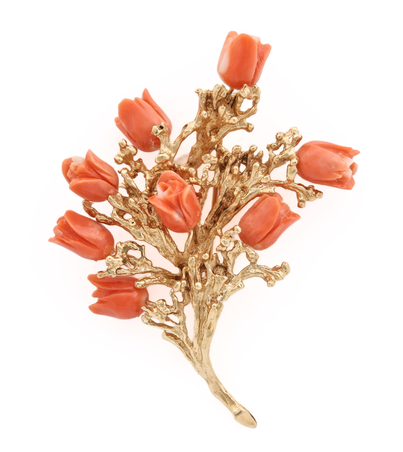 14K YG Coral Rose Brooch: 14K yellow gold brooch with carved coral rose blossoms on naturalistic stems. 2.5" long. 11.3 dwt.