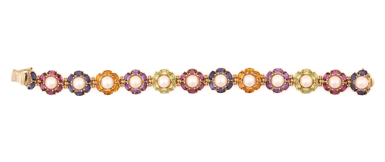 14K YG Gemstone & Pearl Bracelet: 14K yellow gold bracelet with cultured pearl centers surrounded by alternating garnet, amethyst, citrine, peridot, and blue gemstone accents in floral links. 7.25" long. 22.3 dwt.