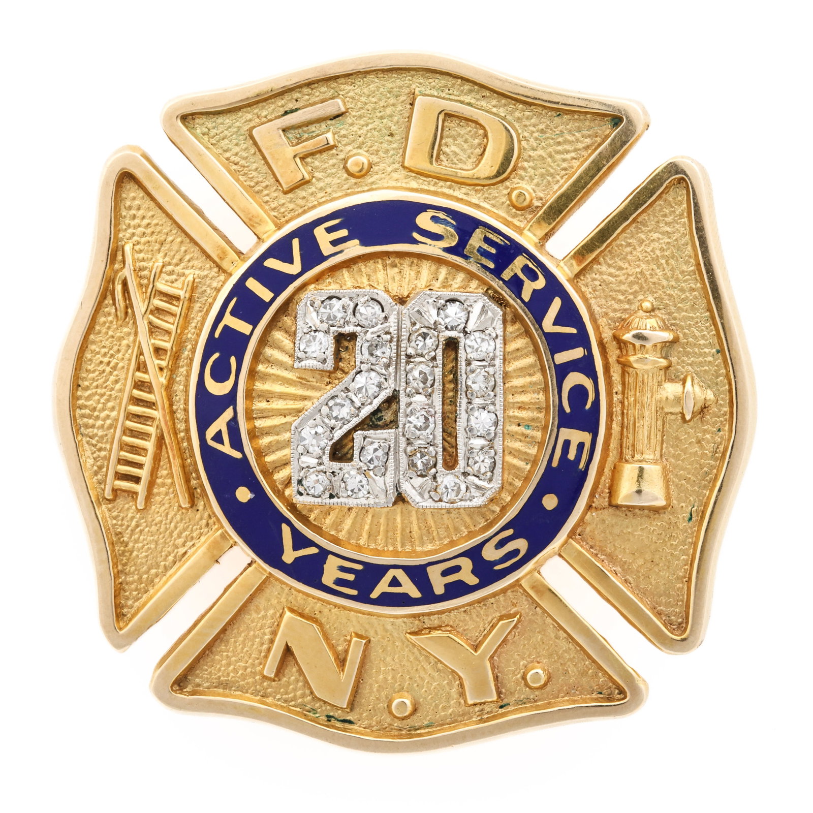 14K Gold FDNY 20 Year Service Presentation Badge: 14K yellow gold FDNY Maltese cross presentation badge with blue enamel, diamond-set "20" center, ladder and fire hydrant motifs. Verso engraved "Presented to Fireman Percy H.A Nixon by the Officers