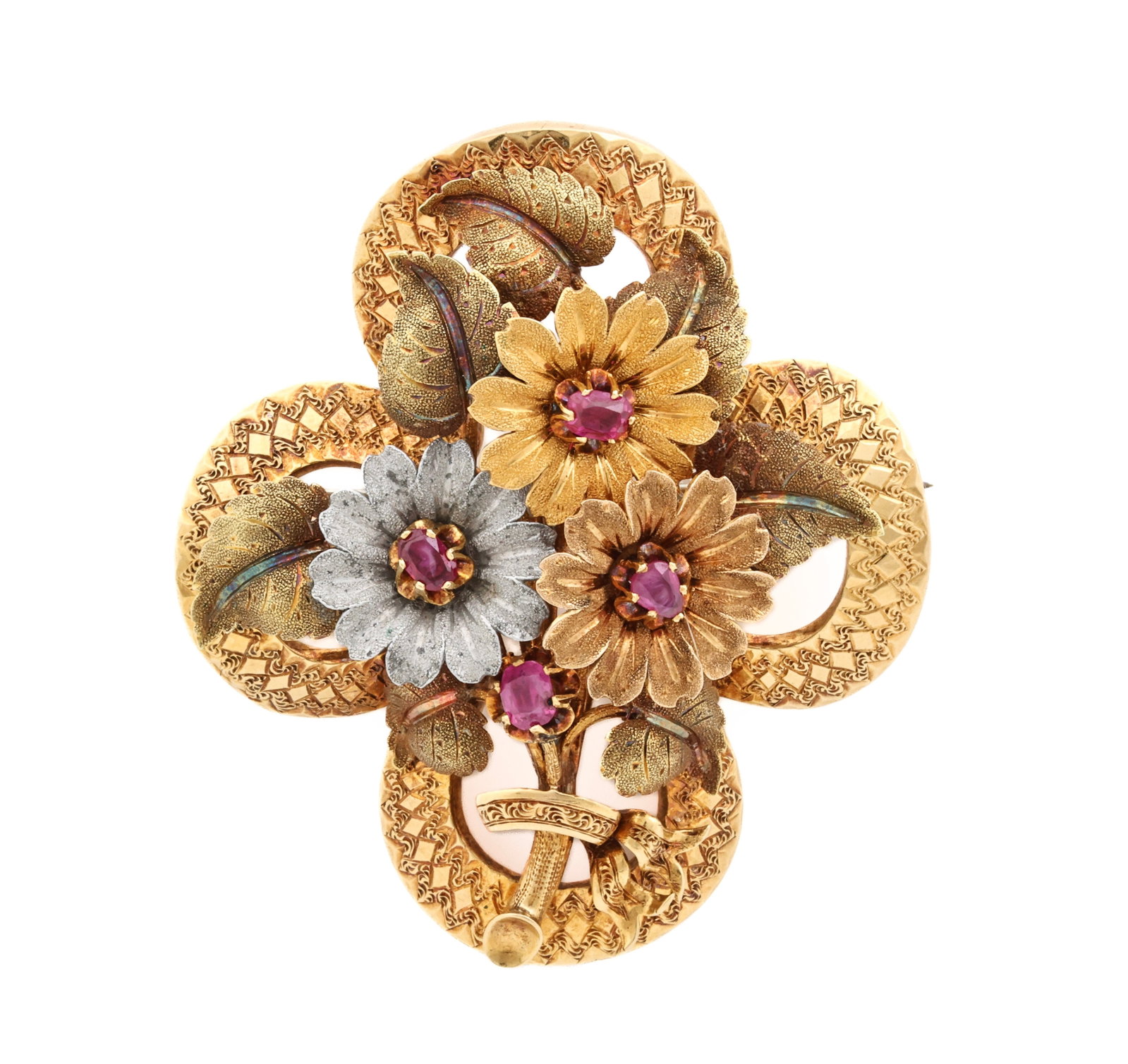 18k YG Ruby Brooch: 18K yellow gold floral brooch, tested, with layered textured flowers and leaves, white and rose gold accents, and 4mm round-cut ruby accents. 2"h x 1.75"w and 10.5 dwt.