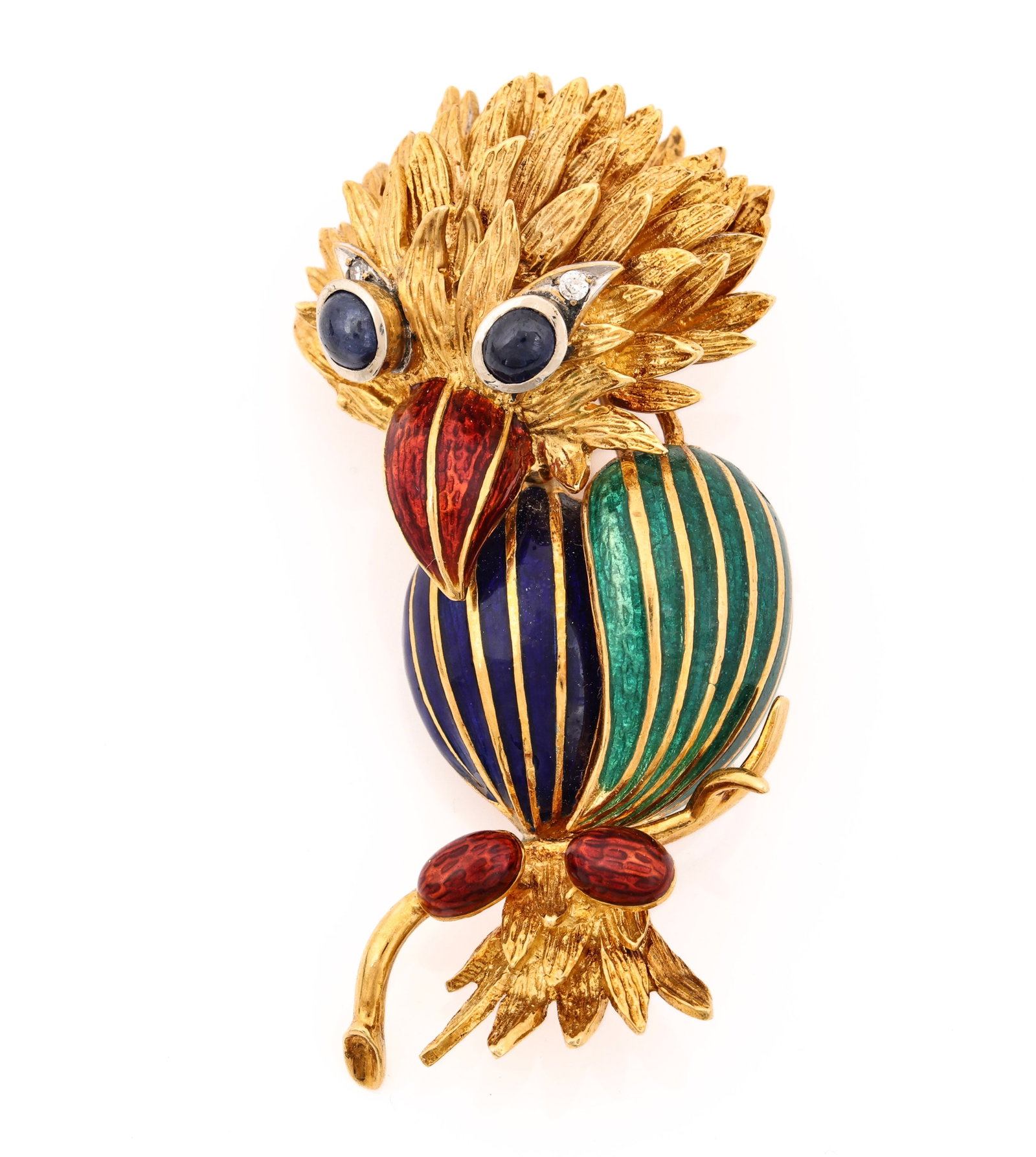 18k YG Enamel Brooch: 18K yellow gold bird brooch with multicolor enamel decoration, cabochon sapphire eyes and diamond accents. 2.25"h x 1.25"w and 21.3 dwt.