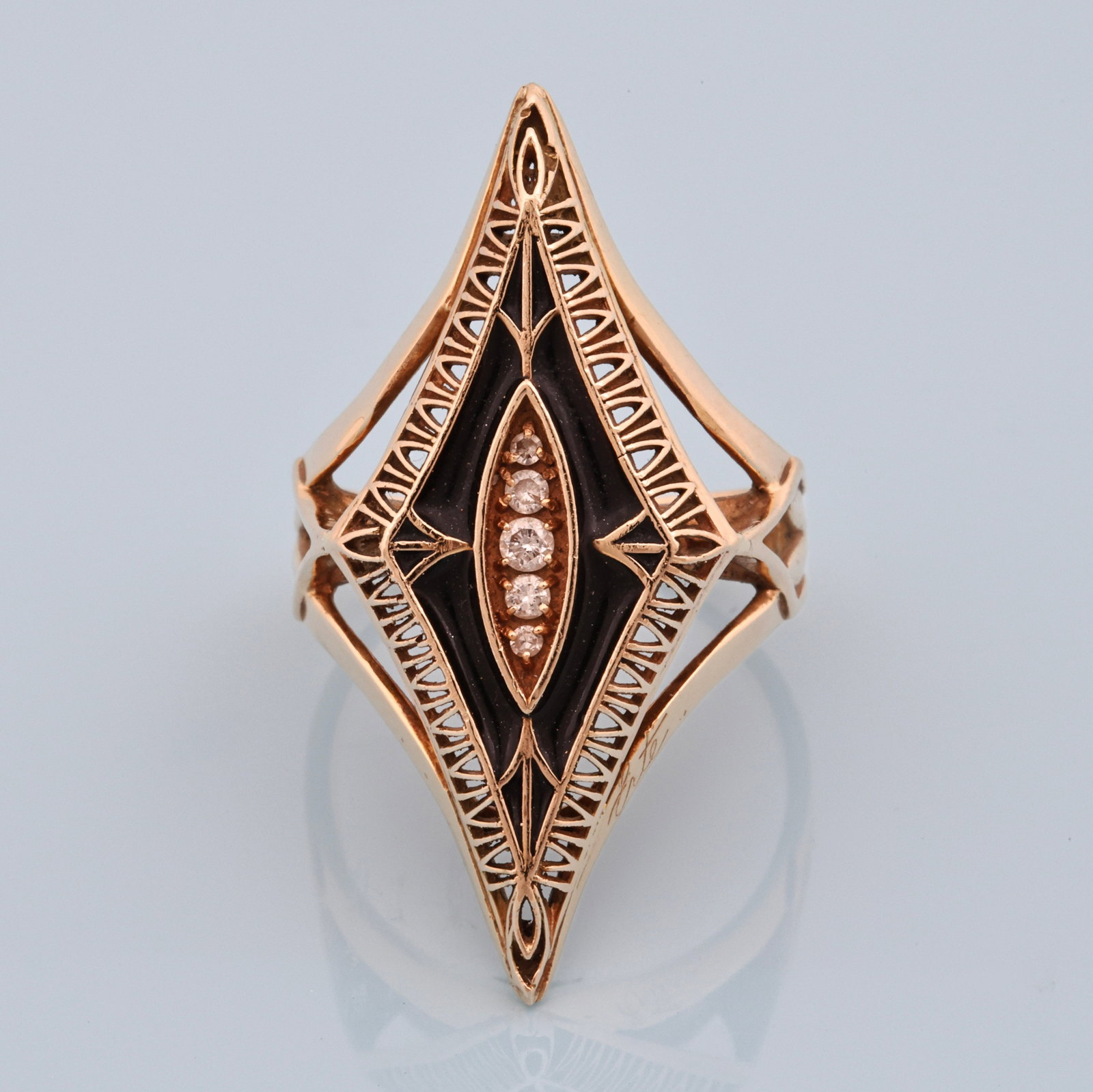 Erté for Circle Fine Art 14k YG "Arlequin" Ring: 14K yellow gold Erté "Arlequin" ring for Circle Fine Art with black enamel and five round diamond accents. Numbered 10/100. Ring size 5.75. 3.4 dwt.