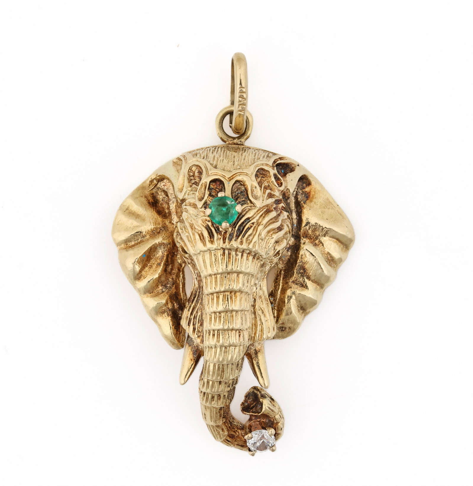 14k YG Pendant: 14K yellow gold elephant pendant with diamond and emerald accents. 1.5"h. 6.6 dwt.