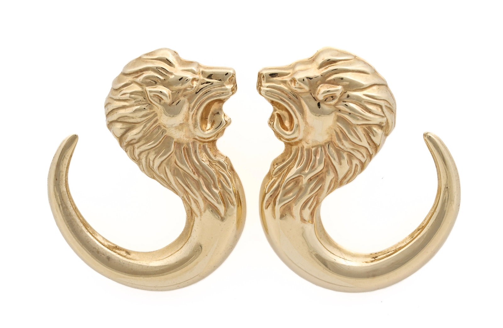 14k YG Earrings: 14K yellow gold lion head earrings with curved tails. 1.75"h. 8.7 dwt.